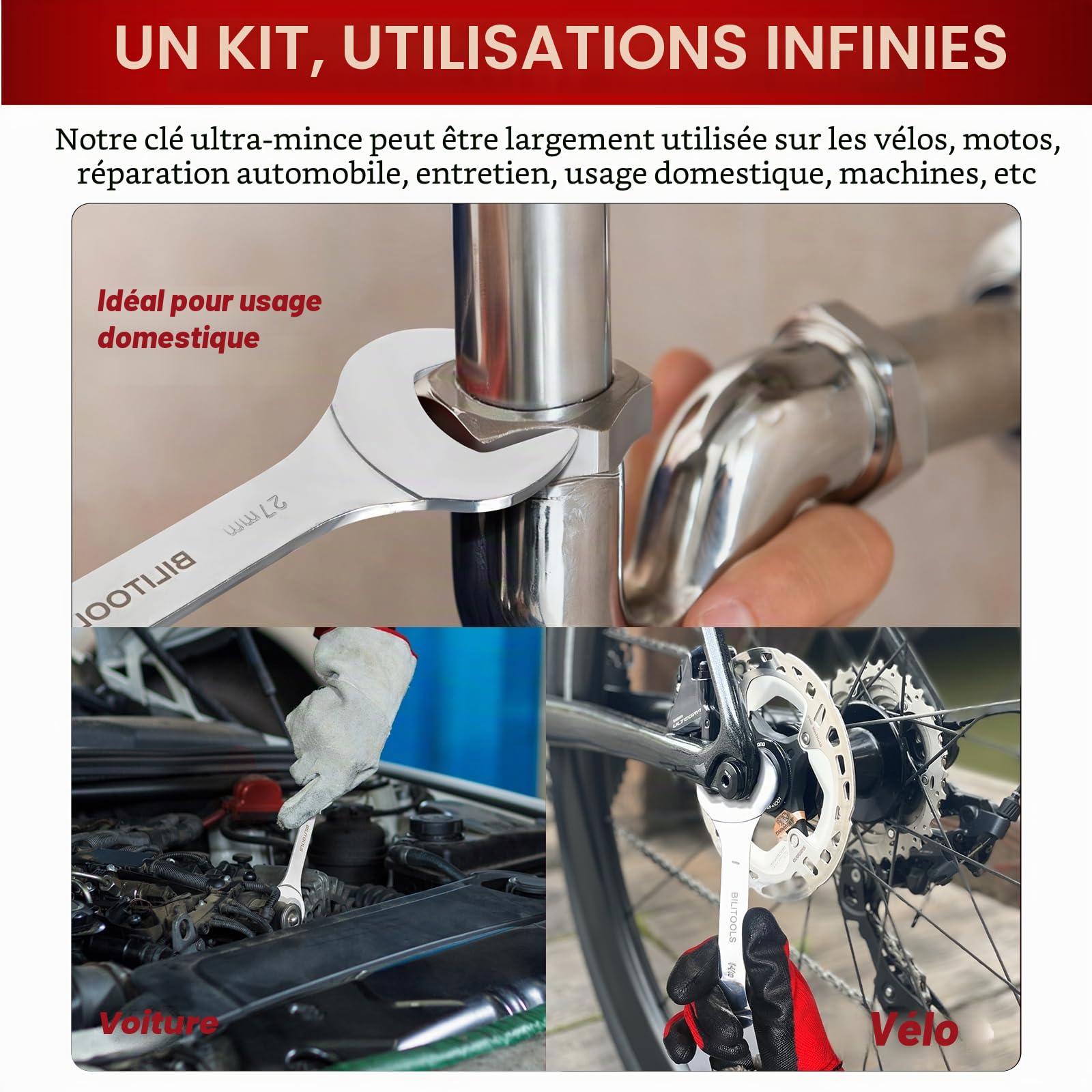 BILITOOLS Jeu de clés plates extra fines 9 pièces 3 mm 5,5-27 mm | Clés plates extra fines 3 mm, 18 tailles métriques en acier chrome-vanadium, pour écrous fins et espaces restreints