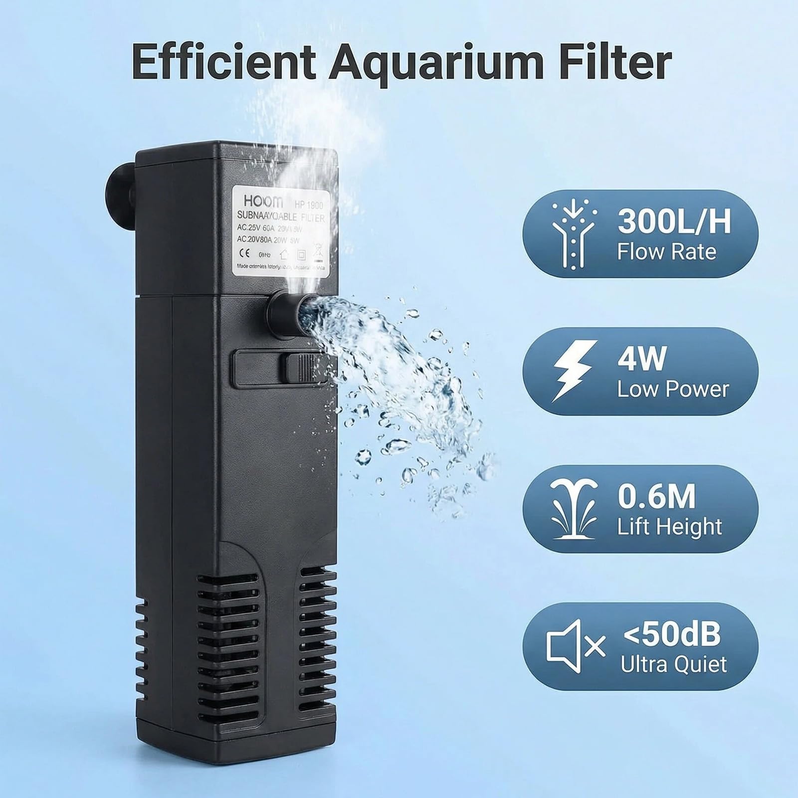Filtre Intérieur Aquarium, Pompe Aquarium, Débit d'eau 200L/H, Convient pour Aquarium à Poissons 40L, Peut être Utilisé pour Le Pompage De l'eau, PulvéRisation D'oxygène, Filtration