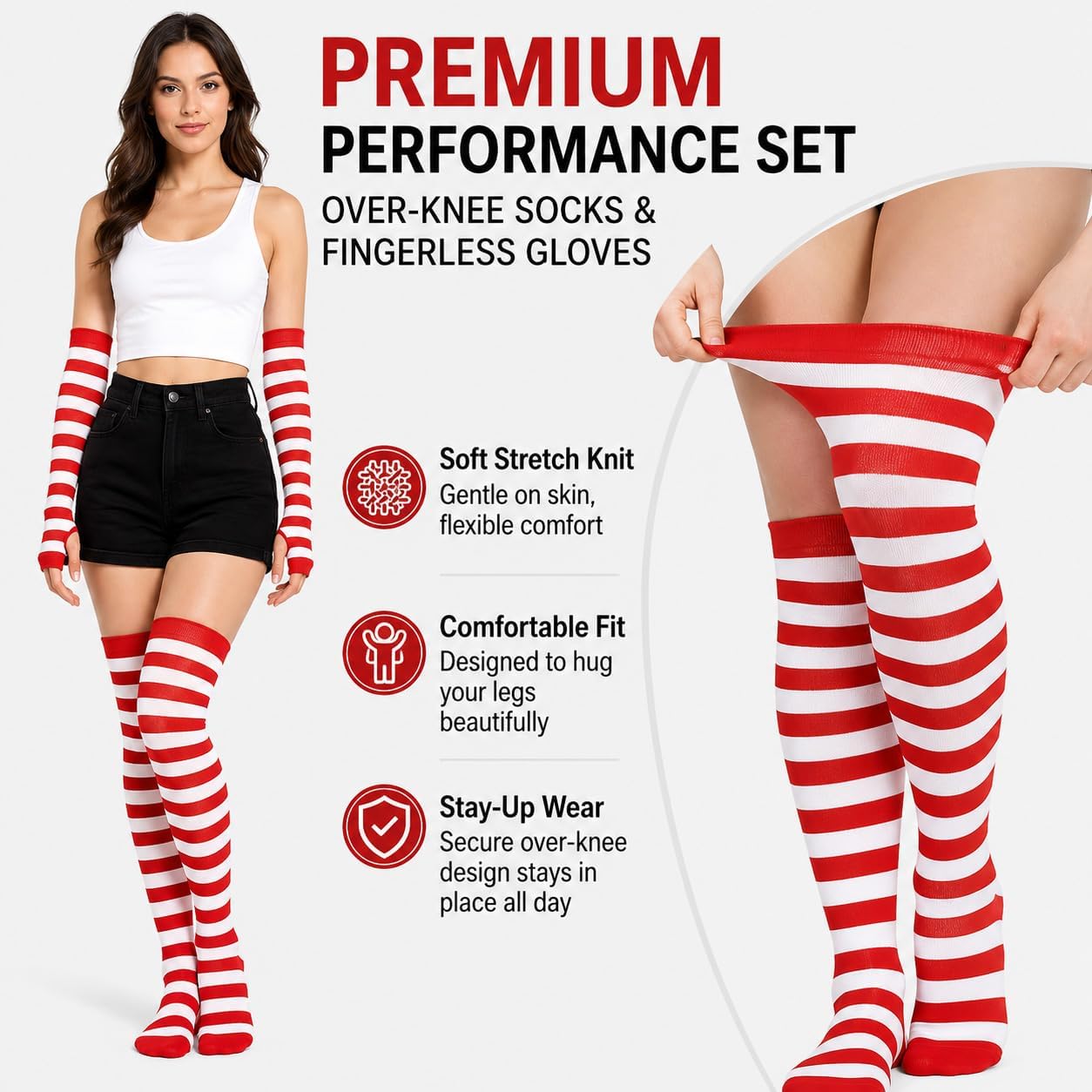 Utaly Women's Striped Thigh High Socks and Arm Warmers Set Over the Knee High Stockings with Fingerless Gloves for Woman image 2