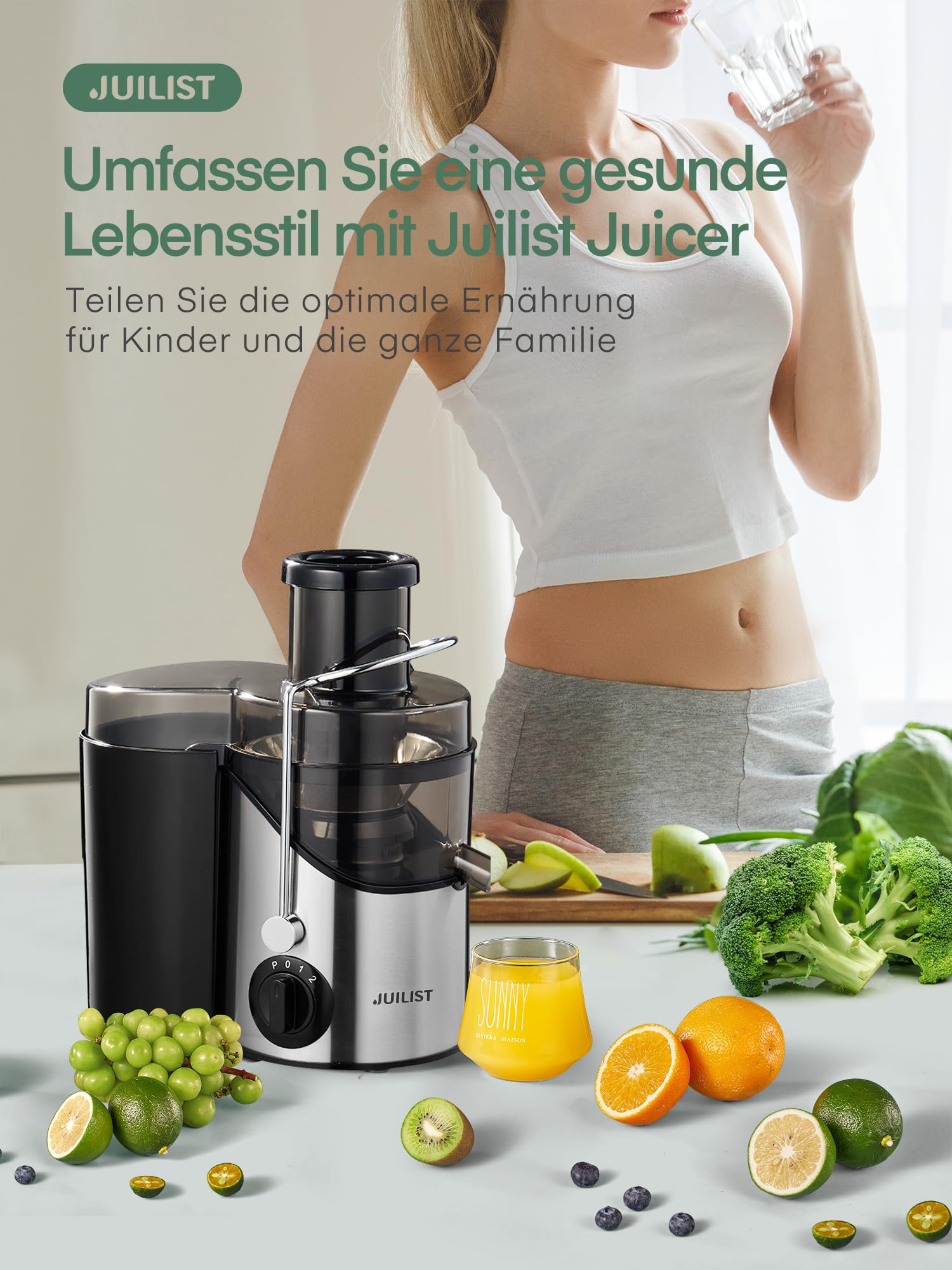 JUILIST Entsafter Gemüse und Obst, 65 mm Einfüllschacht, 3 Einstellungen, Mit Reinigungsbürste, Leicht zu Reinigen
