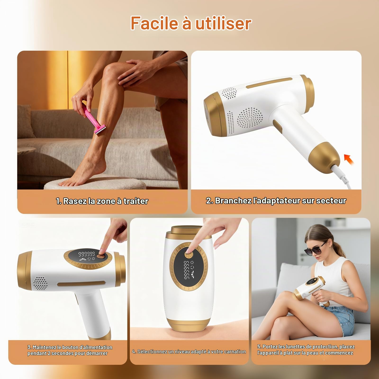 Epilateur electrique, 990 000 flashs, 5 niveaux d'énergie, 2 modes Automatique/Manuel, épilation laser, Impulsions lumineuses pour hommes et femmes, idéal pour le visage et le corps