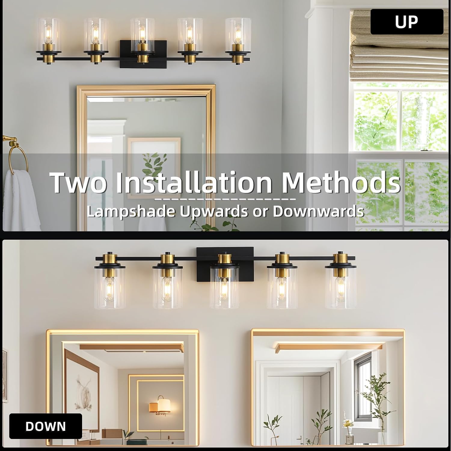 LOUSACE 5 Light Bathroom Vanity Light Black and Gold Bathroom Lighting Fixtures Over Mirror with Clear Glass, Brushed Gold Socket Wall Vanity Lighting Fixtures for Bedroom Living Room