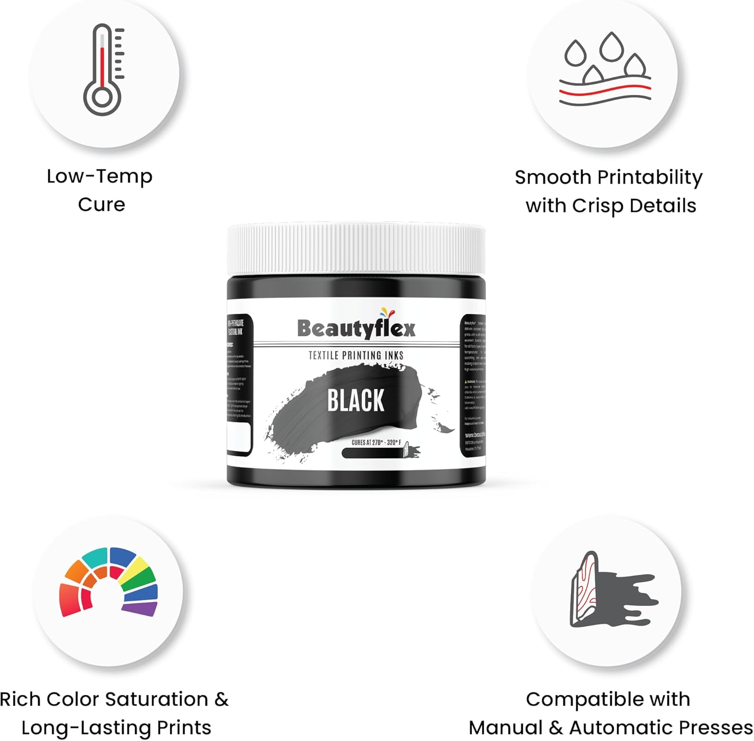 BEAUTYFLEX® Screen Printing Ink BLACK Plastisol Ink for screen printing - Fast Curing Painting for Cotton, Polyester and Other Fabrics, Fabric Paint for screen printing kit (16 fl oz, BLACK INK)