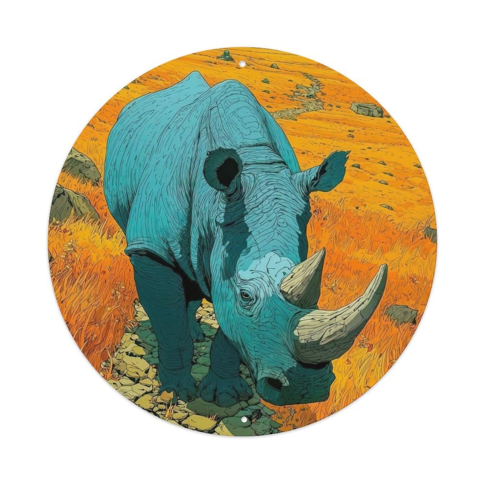 Animal Rhinoceros in Orange Grassland with Snowy Peaks Vintage Metal Tin Sign Plaque Wall Decor for Cafe, Club Bar, Office, Garden Metal Poster 8x8Inch