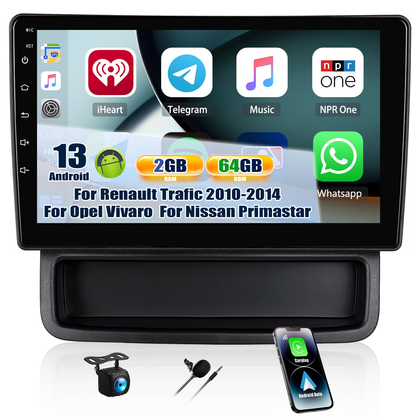 CAMECHO 2+64G 10 cali radio samochodowe do Renault Trafic 2010-2014/ Opel Vivaro/Nissan Primastar, Android 13 Wireless Carplay HD Bluetooth radio z GPS WiFi Android Auto FM/RDS + kamera cofania Canbus