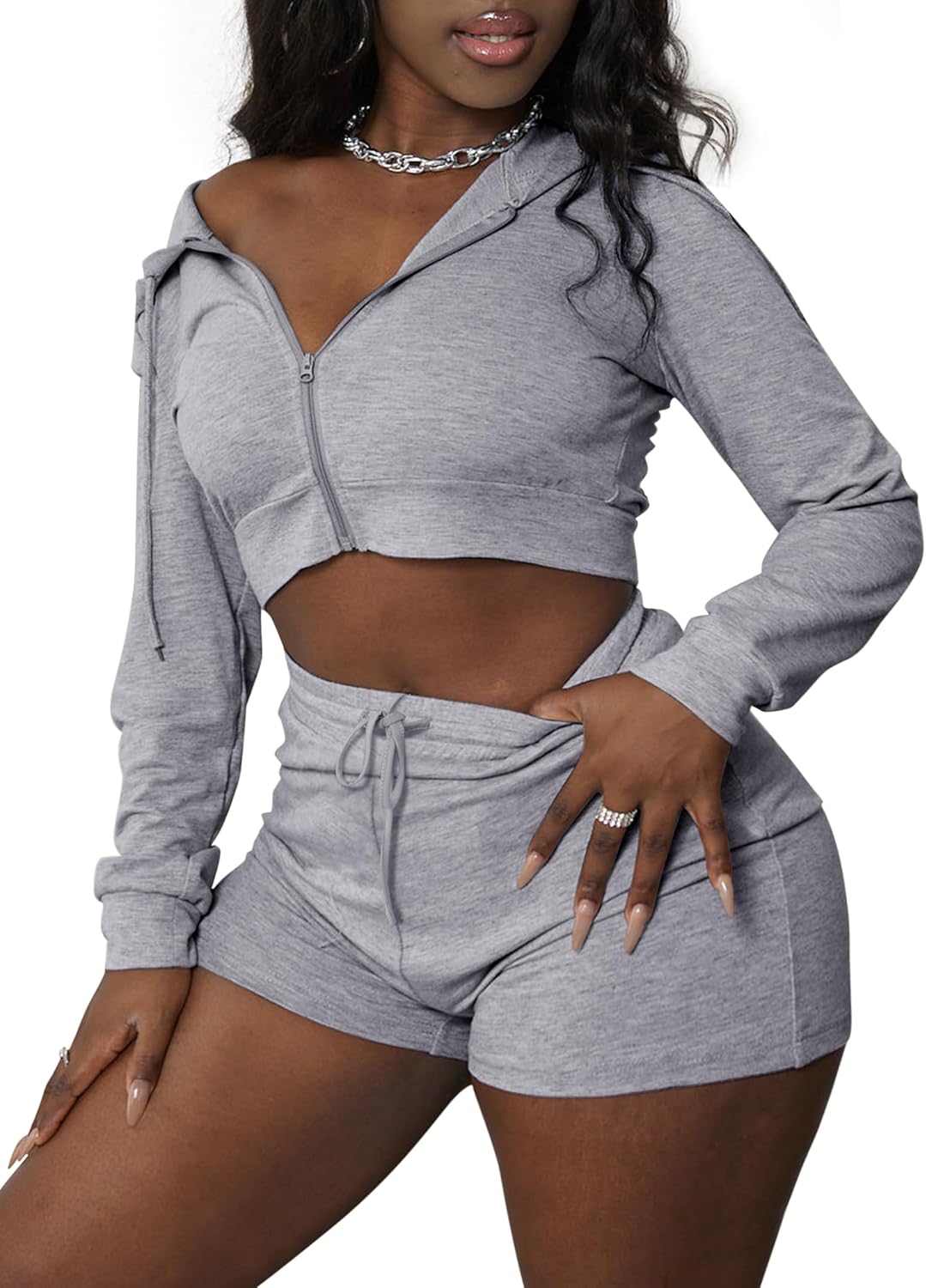 LovelyWholesale Women 2 Piece Outfits Long Sleeve Crop Zipper Hoodie and Shorts Tracksuit Set - Image 4
