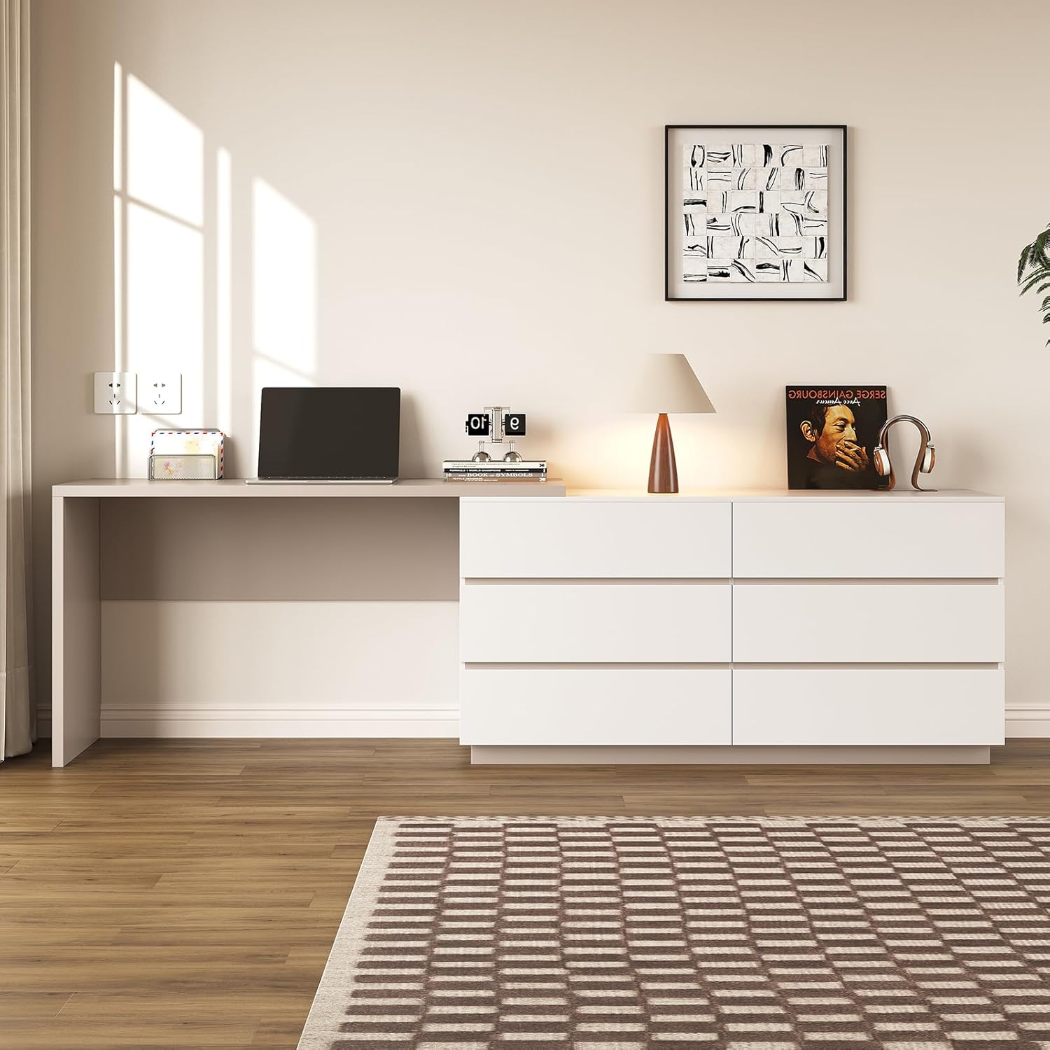 Modern L-Shaped Rotating Computer Desk 97.63 x 19.68 Inch with 6 Drawers with 51 Inch Document Cabinet, Learn to Write, Reversible Layout, Desk Dresser Combo for Home Office Furniture