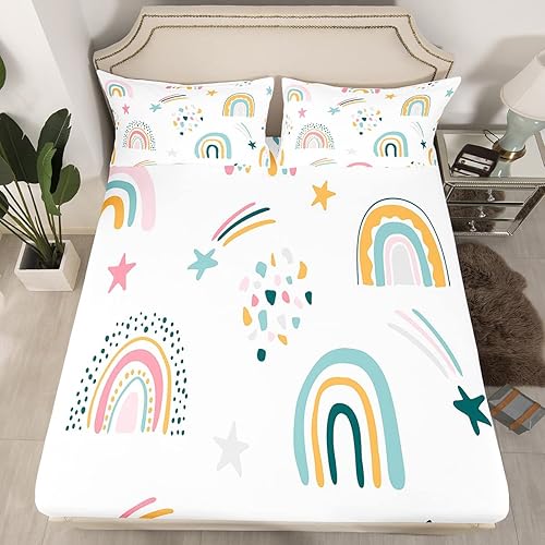 Miniatura 5 de Sábanas de cama de arcoíris rosa, sábana bajera de nube Kawaii tamaño individual para niños y niñas, decoración de dormitorio, juegos de ropa de