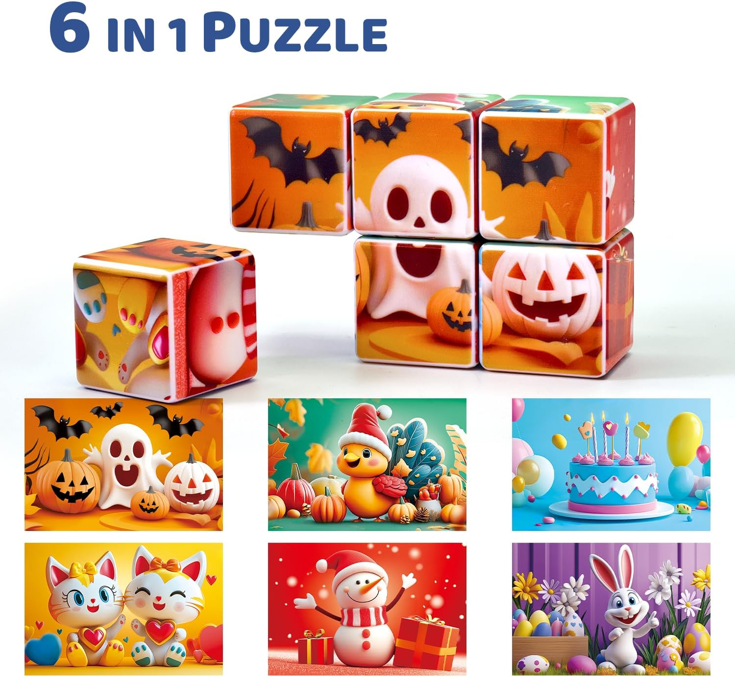 Pairez Toys Magnetic Blocks, Large 1.65 Inch Puzzle Cubes for Toddlers 3-5, Sensory Building Toys, 6 Patterns in Holiday Themes Christmas Easter Halloween