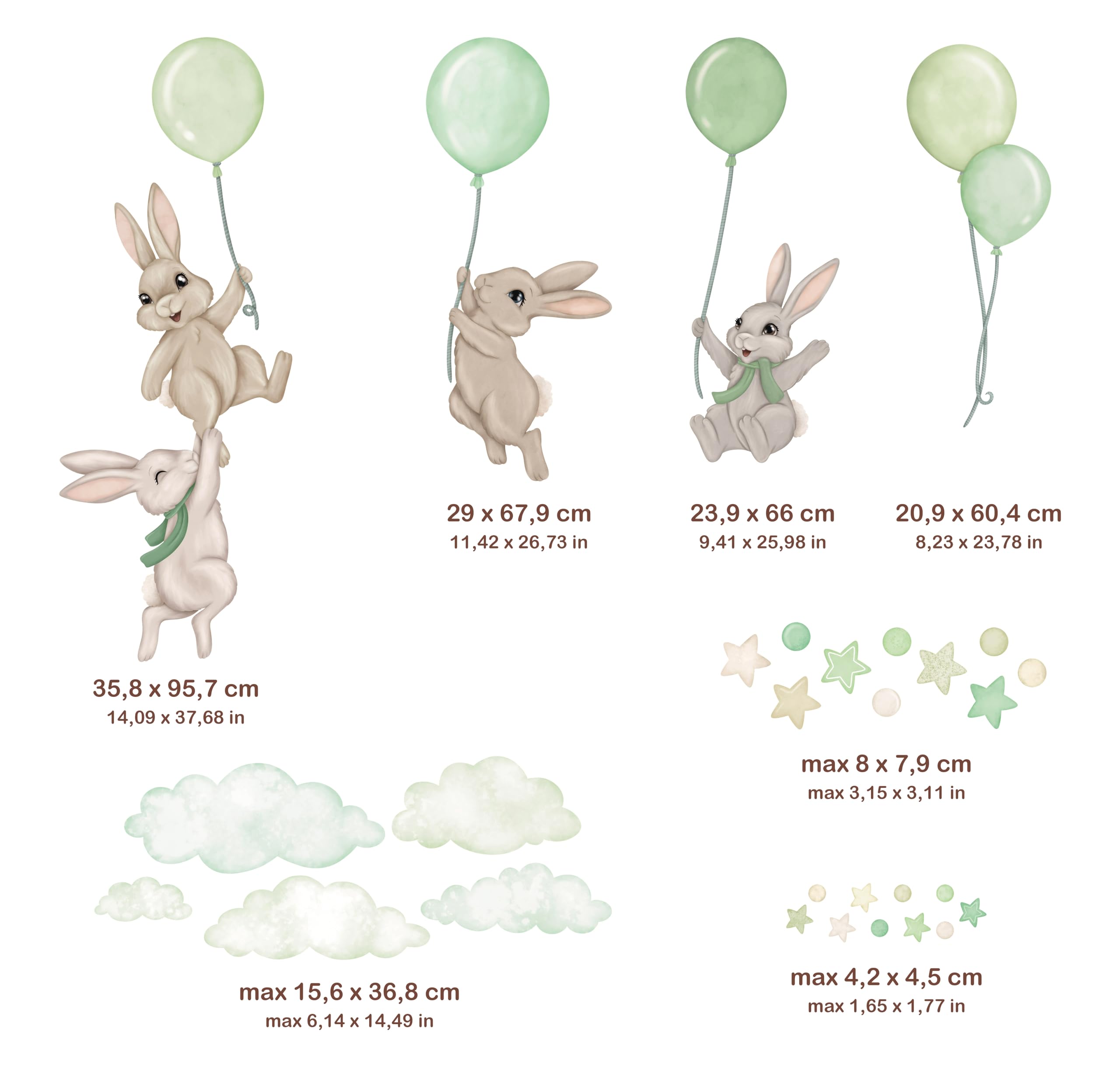 Adhesivo de pared para habitación de bebé - Adhesivo de pared para habitación de bebé - No tóxico, seguro, potente - 29 piezas de pegatinas, conejitos con globos - Verde, Crema, Beige