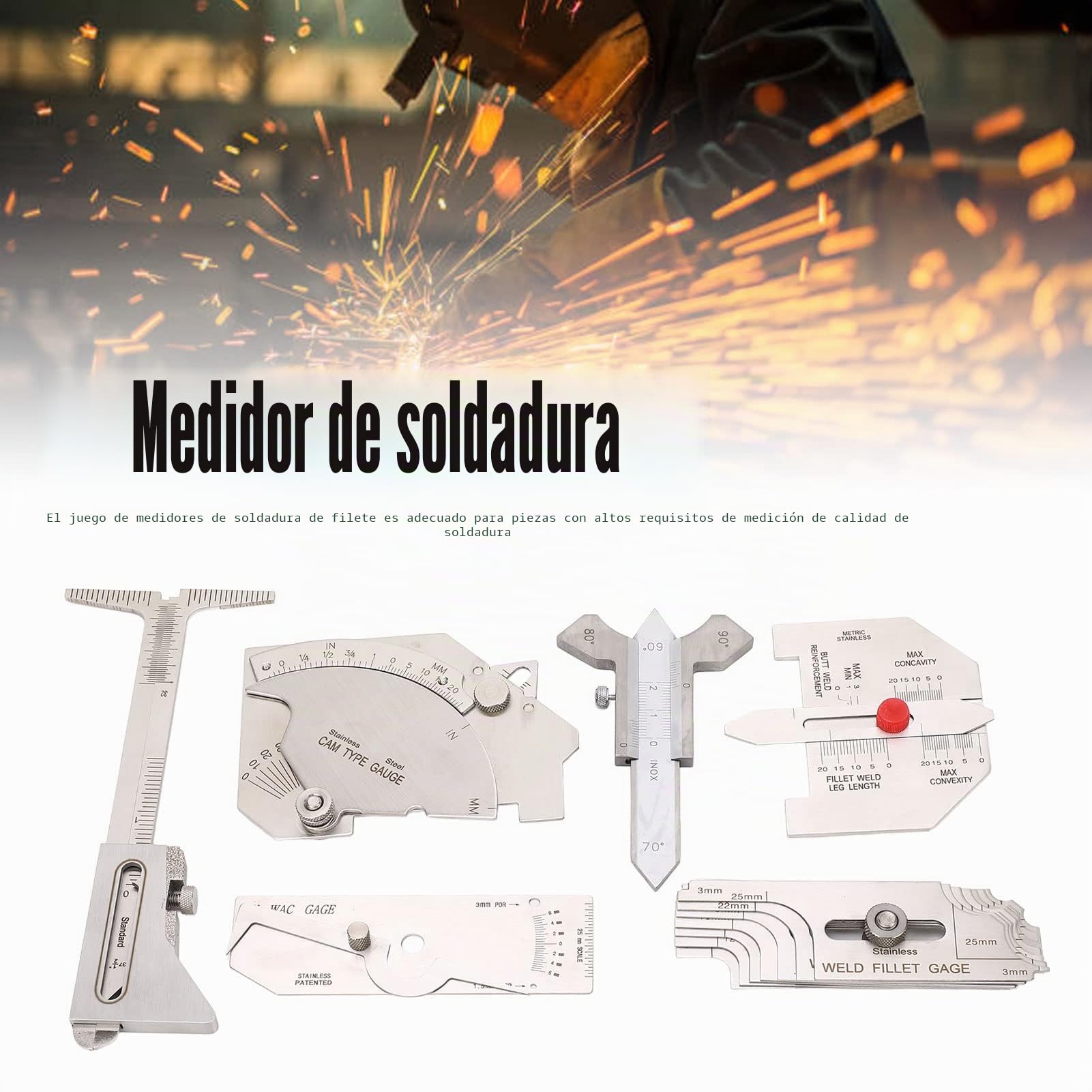 6Pcs Juego de Galgas Soldadura, Calibradores de Soldadura de Filete Herramienta de Medición de Ángulo
