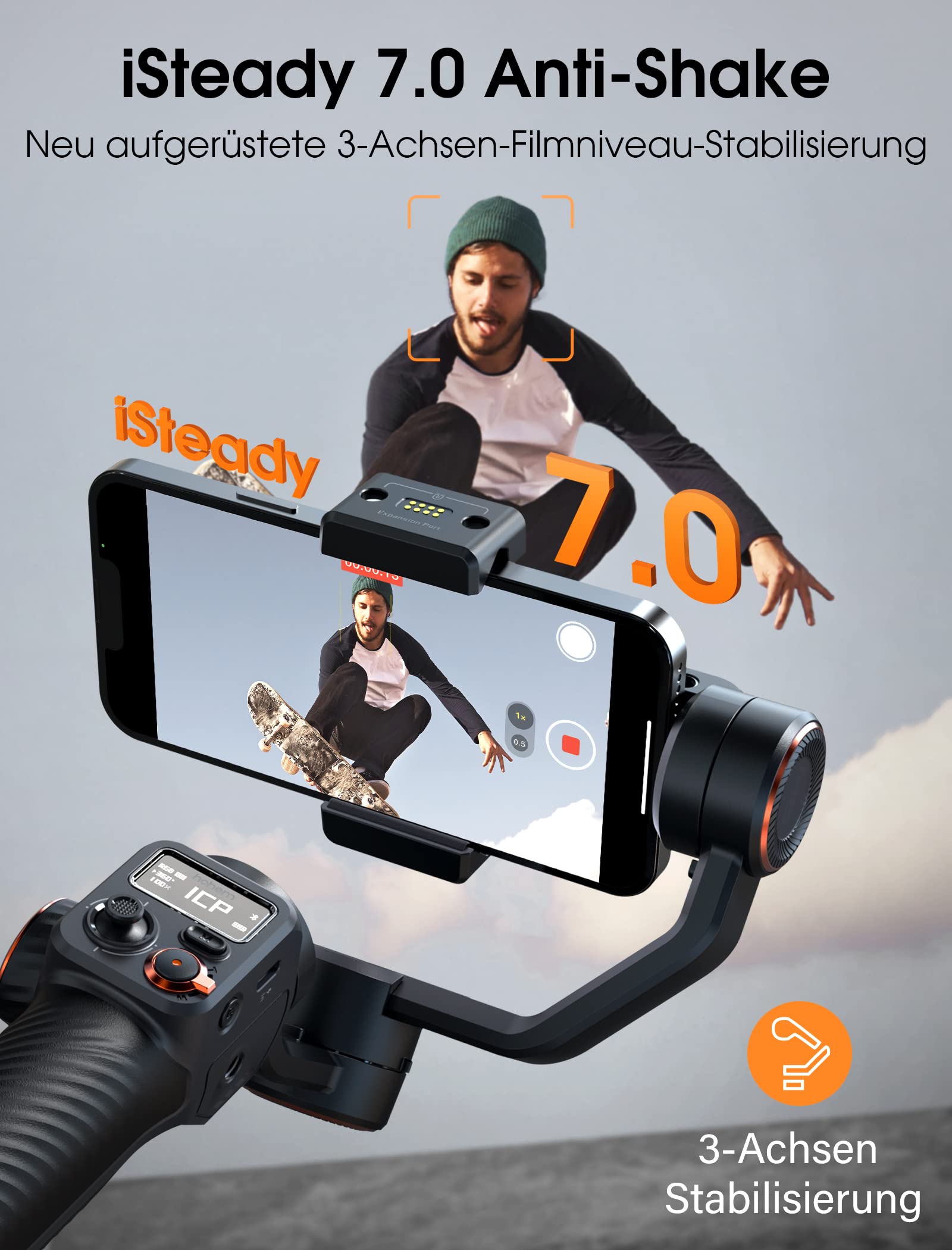 hohem iSteady M6, Gimbal Smartphone, 3-Achsen Handy Stabilisator | für iPhone 15/14/13/12 Pro Max & Android, 360° Rotation, OLED-Display, 400g Zuladung, Handy Gimbal für Volgging
