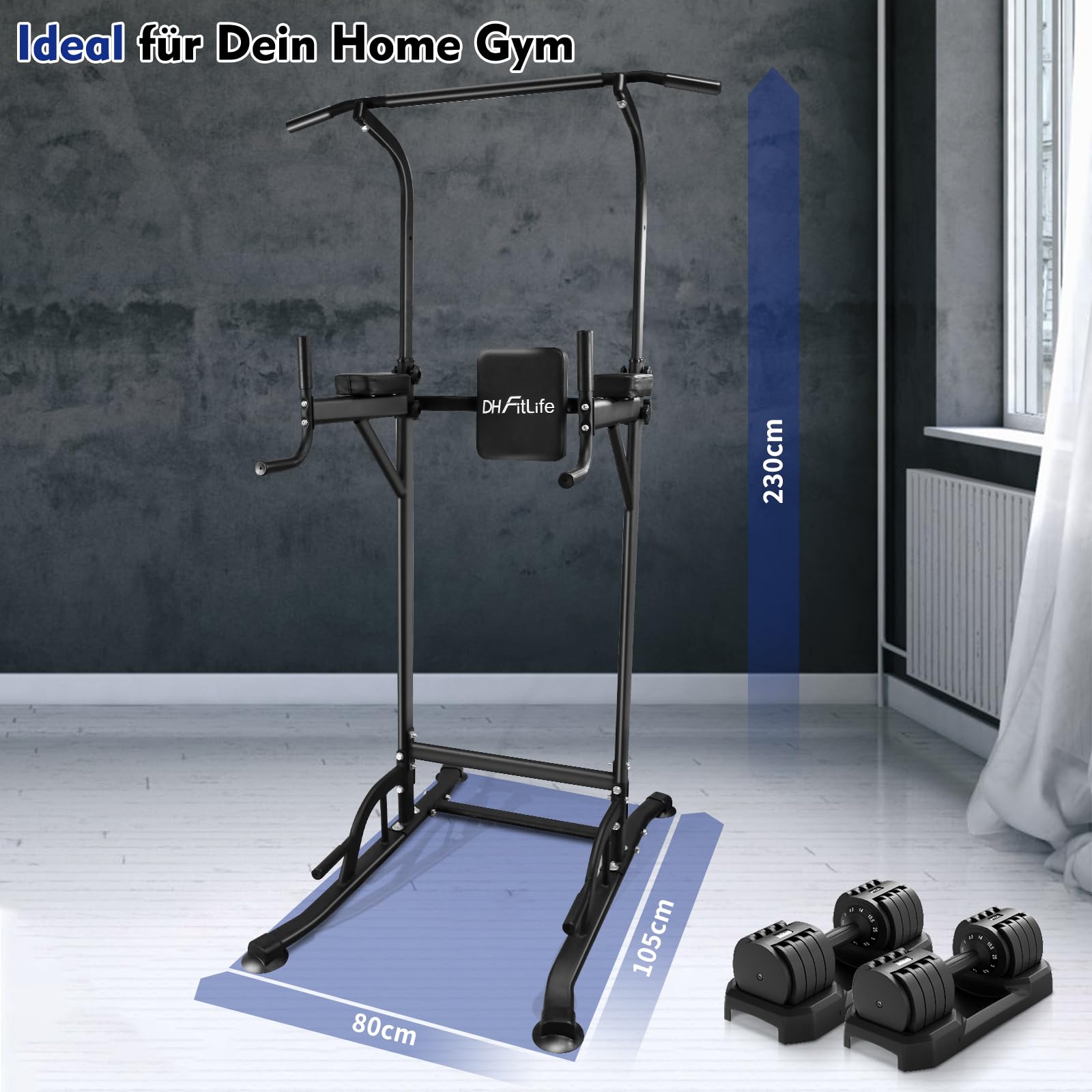 DH FitLife Power Tower Dip Station | Sport Geräte mit Klimmzugstange, Dip Barren u. Rückentrainer | Kraftstation Kraftturm | Fitness Station | Power Rack for Home Gym | Krafttraining für Zuhause