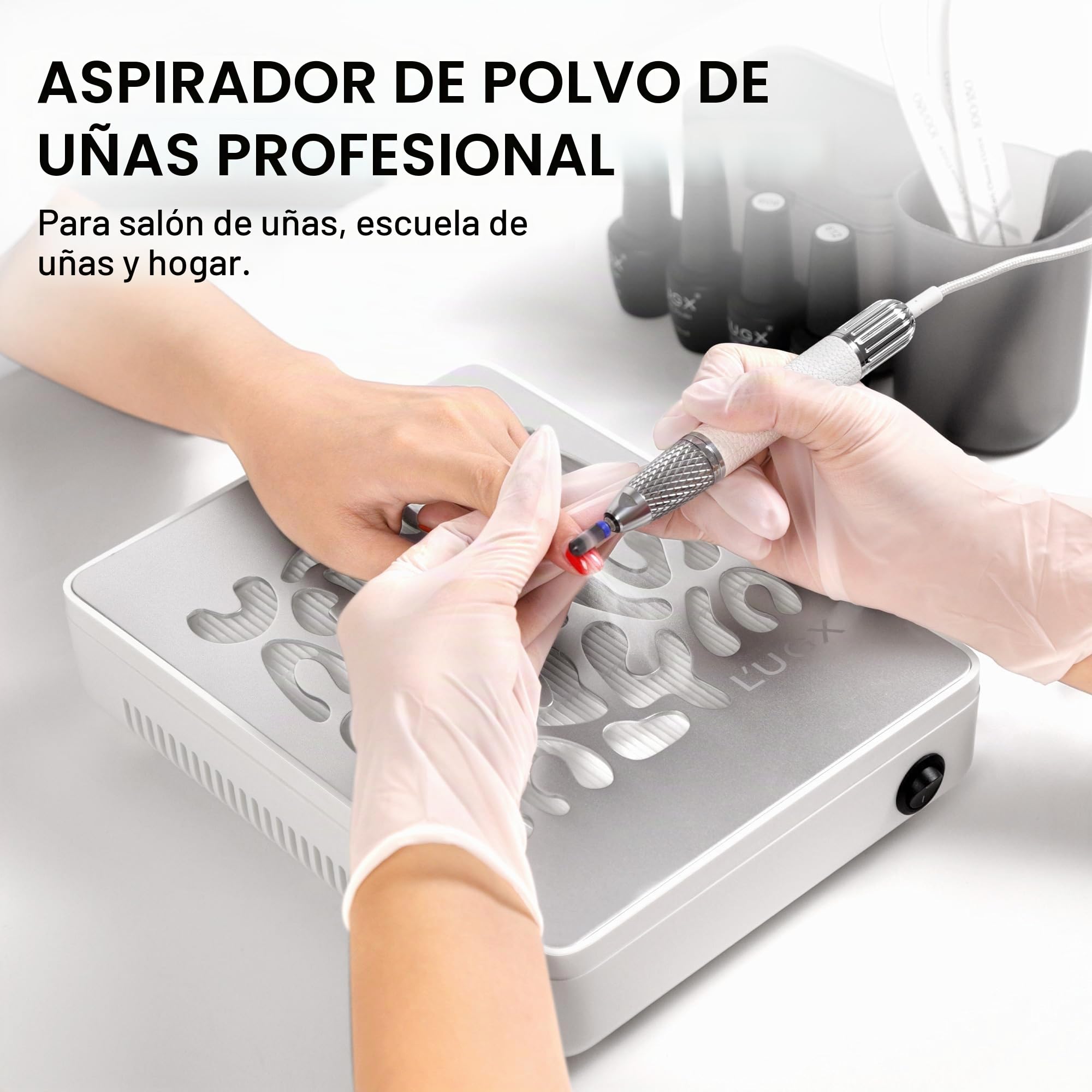 L'UGX 608S - Aspirador profesional de polvo para uñas, 650 Pa, 4500 rpm, motor sin escobillas, silencioso, para manicura y pedicura, incluye 30 papeles de filtro