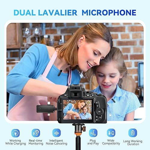 Miniatura 4 de MAXTOP Mini micrófono inalámbrico 3 en 1 para iPhone, Android y cámara, micrófonos dobles inalámbricos de 2.4G con reducción de ruido, grabación de