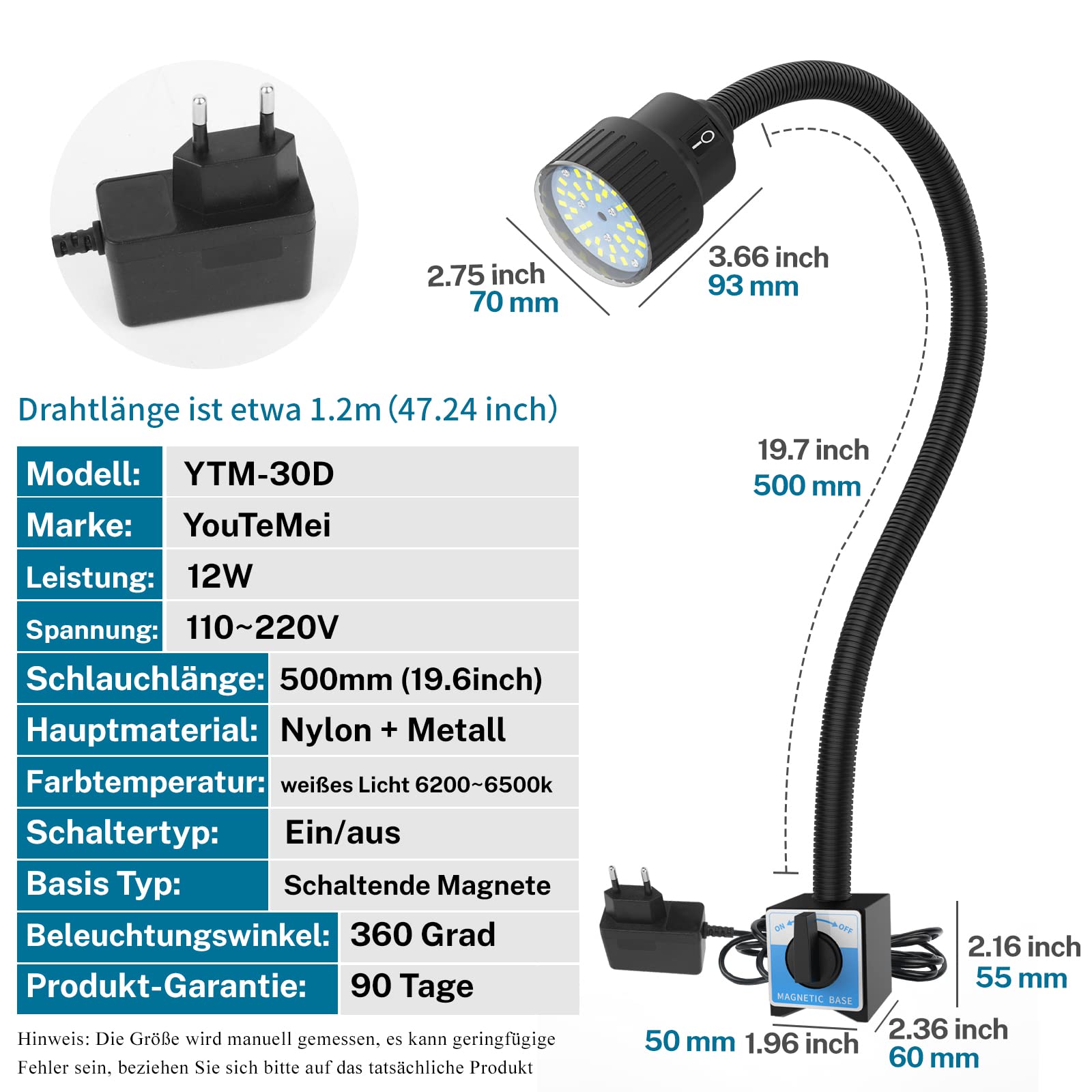 Luce flessibile a collo di cigno 12 W LED luce di lavoro 1200 lumen tornio luce LED con base magnetica per tornio fresatrice cnc macchina da cucire illuminazione industriale strumento lampada a