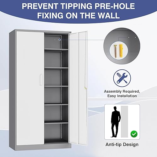 Miniatura 14 de Armario de almacenamiento de metal con cerradura, gabinete de almacenamiento de 72 pulgadas de alto con puertas y estantes ajustables, armarios de