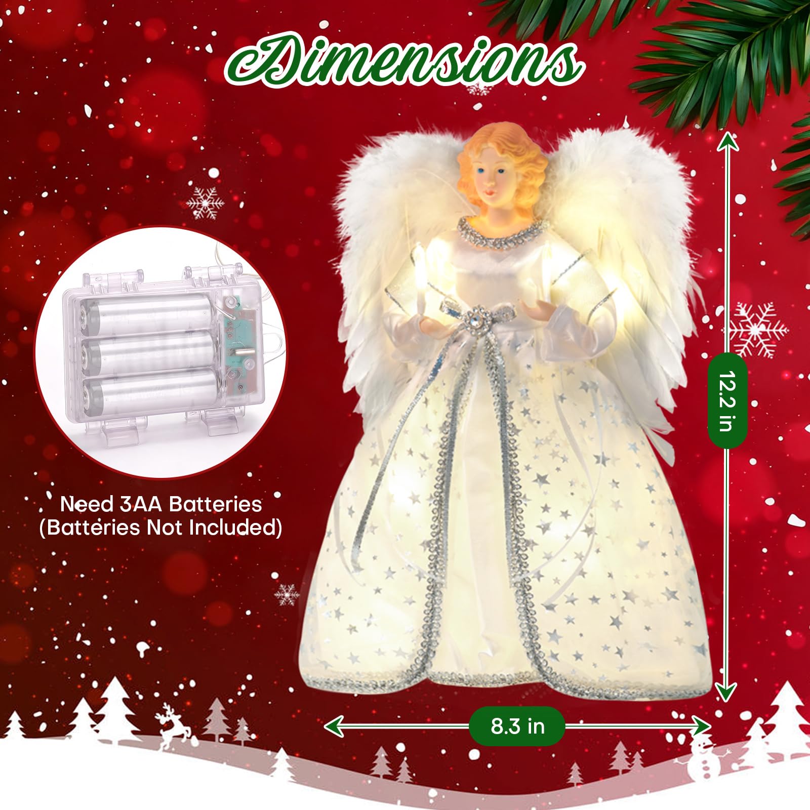 Cimier de sapin de Noël en forme d'ange avec lumières et rallonge de 101,6 cm, décorations de Noël éclairées, élégantes et durables, parfaites pour la décoration de la maison de vacances et les