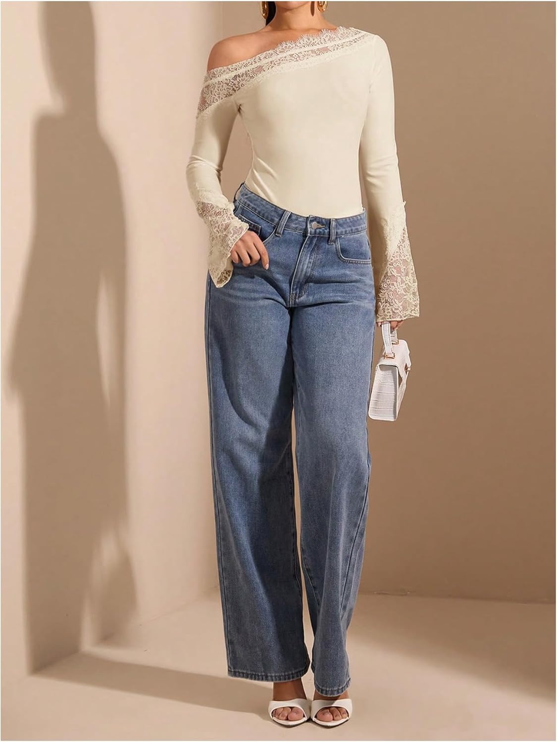 WDIRARA Women's Lace One Shoulder Long Sleeve Bodysuit Dressy Off The Shoulder Leotard Tops - Image 6