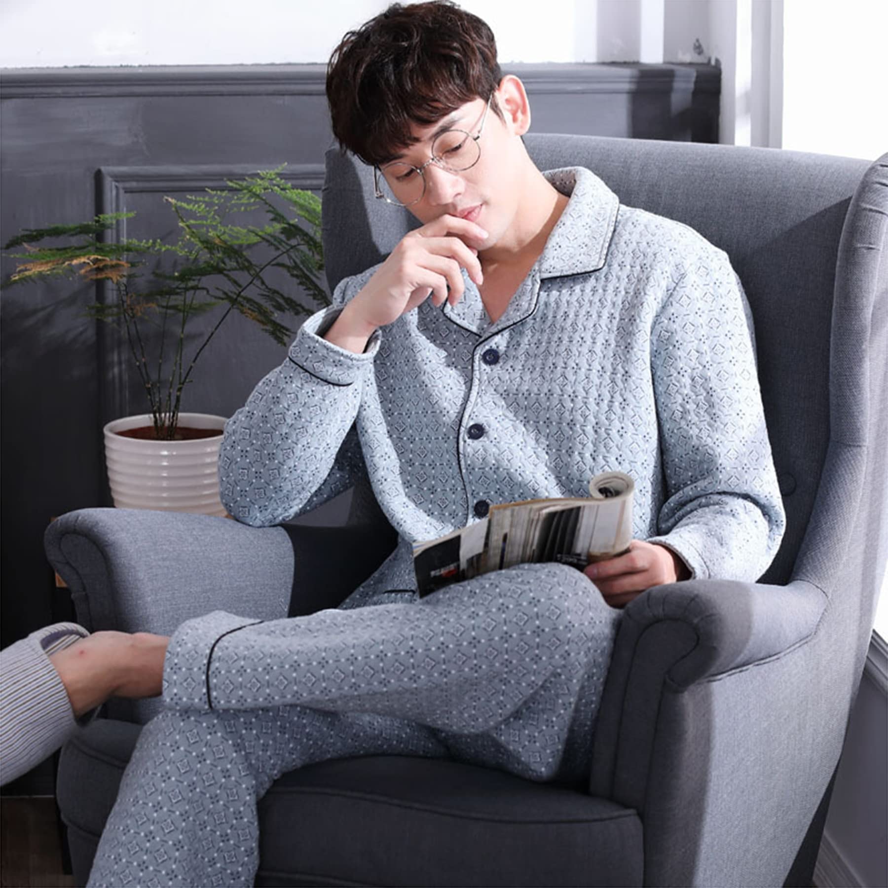 Conjunto De Pijama Clásico A Cuadros para Hombre Traje Acolchado De Talla Grande Ropa De Casa De Algodón De Manga Larga Conjunto Grueso PIS De Invierno