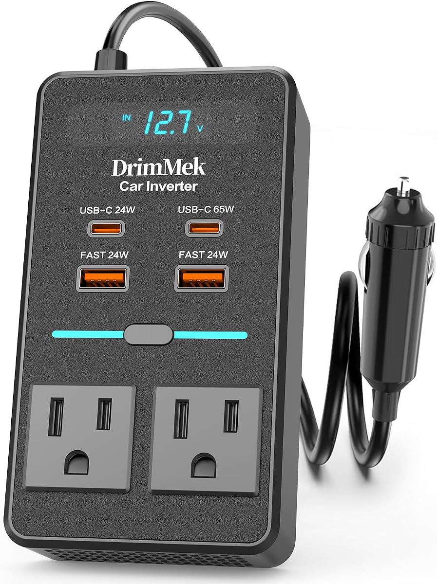 300W Car Power Inverter 12V to 110V Car Outlet Adapter | 65W USB-C Fast Charging for Laptops, LED Display.