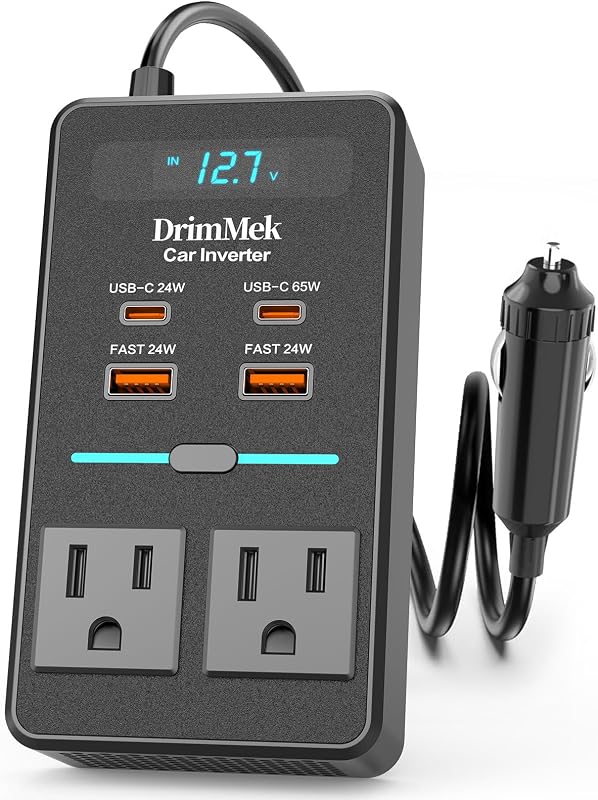 300W Car Power Inverter 12V to 110V Car Outlet Adapter | 65W USB-C Fast Charging for Laptops, LED Display.