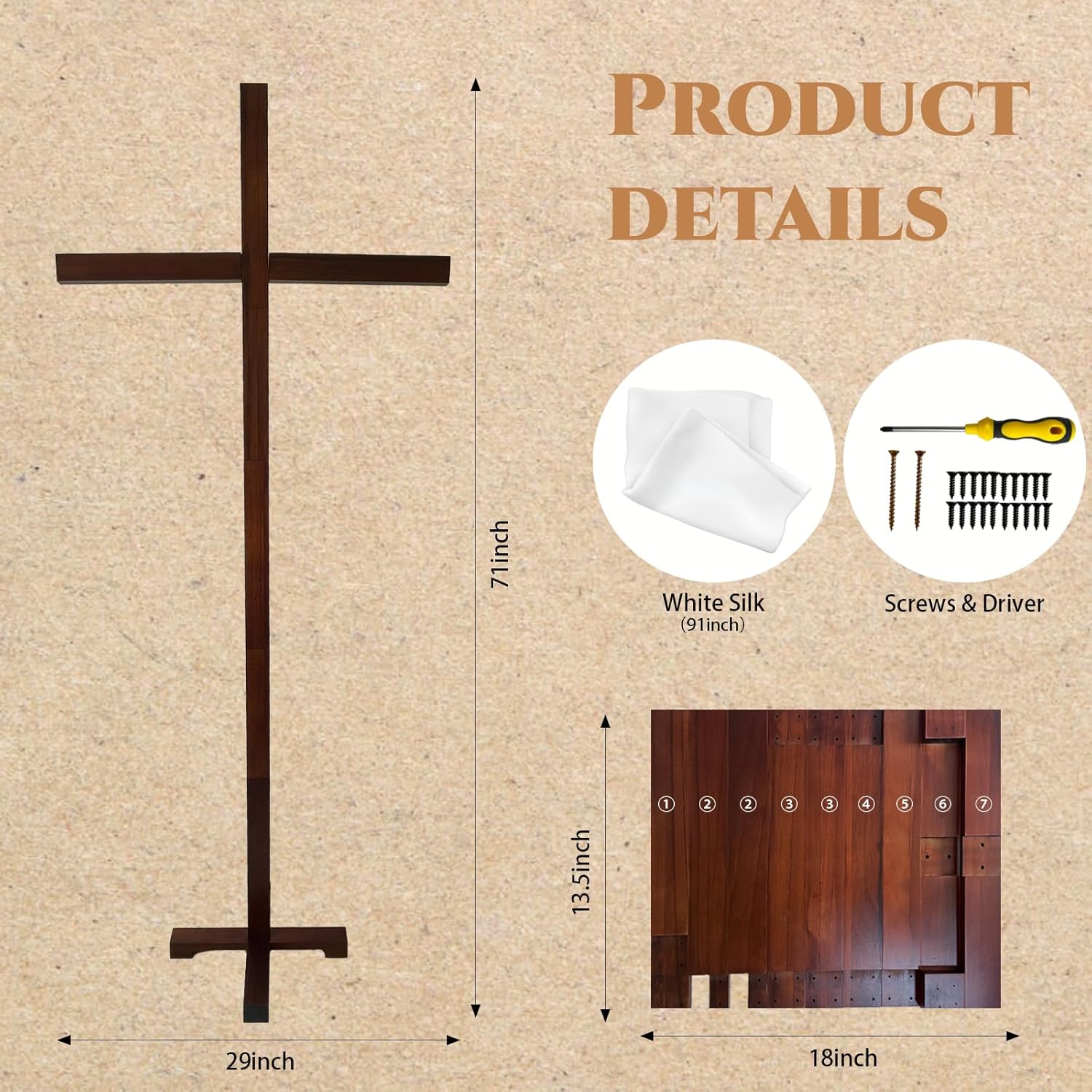 71" Extra Large Wooden Cross for Wedding Ceremony Backdrop, 6ft Handcrafted Standing Wood Cross for Indoor Home Decor, Church, Easter & Christmas, Stable Base, Natural Timber