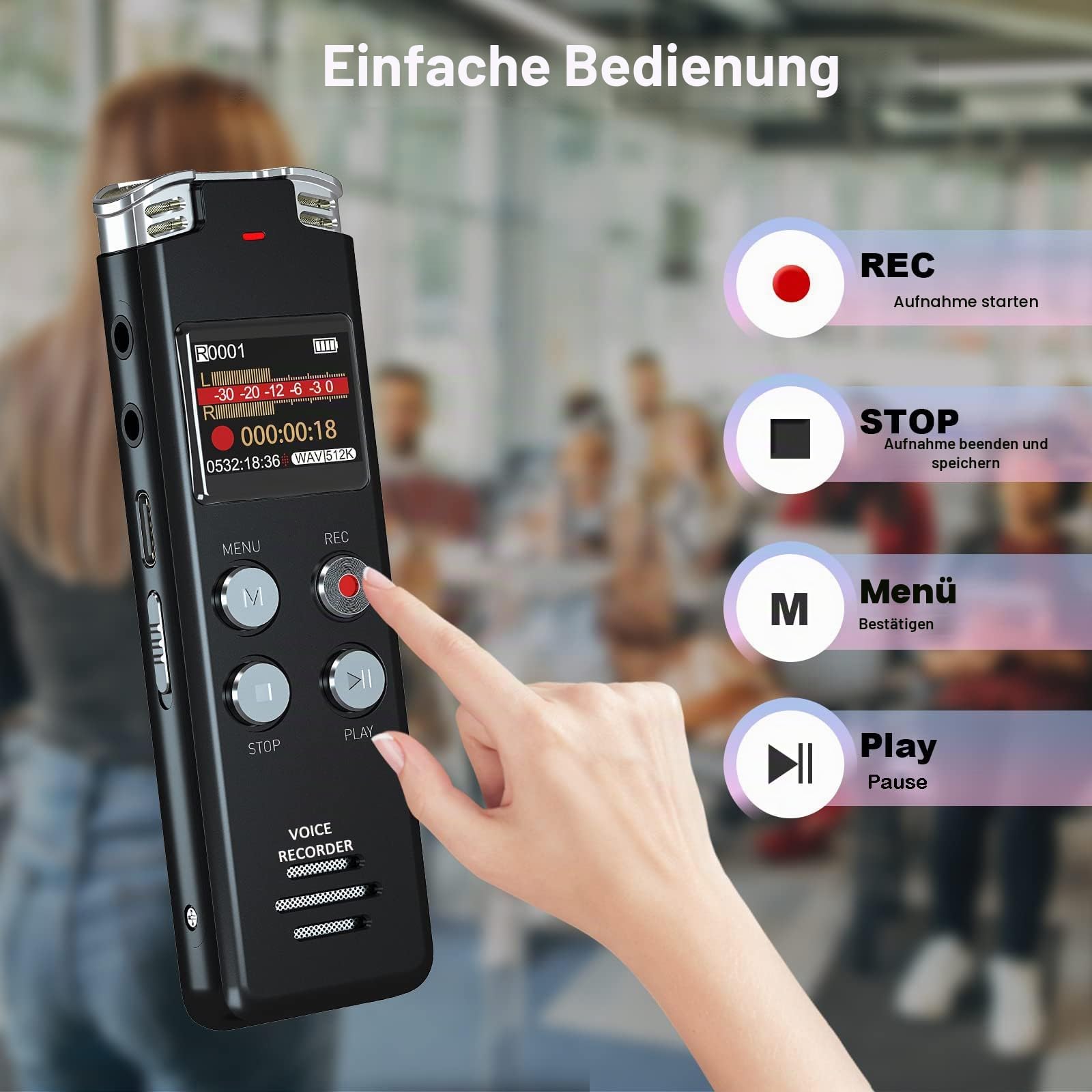 EVISTR Digitaler Voice-Recorder, 128 GB – Tonaufnahmegerät mit Sprachsteuerung und Geräuschreduzierung – wiederaufladbar für Konferenzen und Meetings