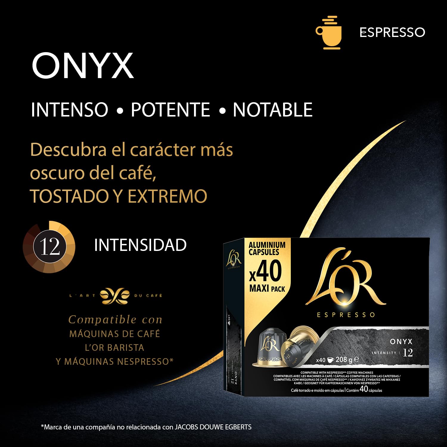 L'OR Espresso Café Onyx | 200 Cápsulas | Intensidad 12, Compatible con máquinas Nespresso