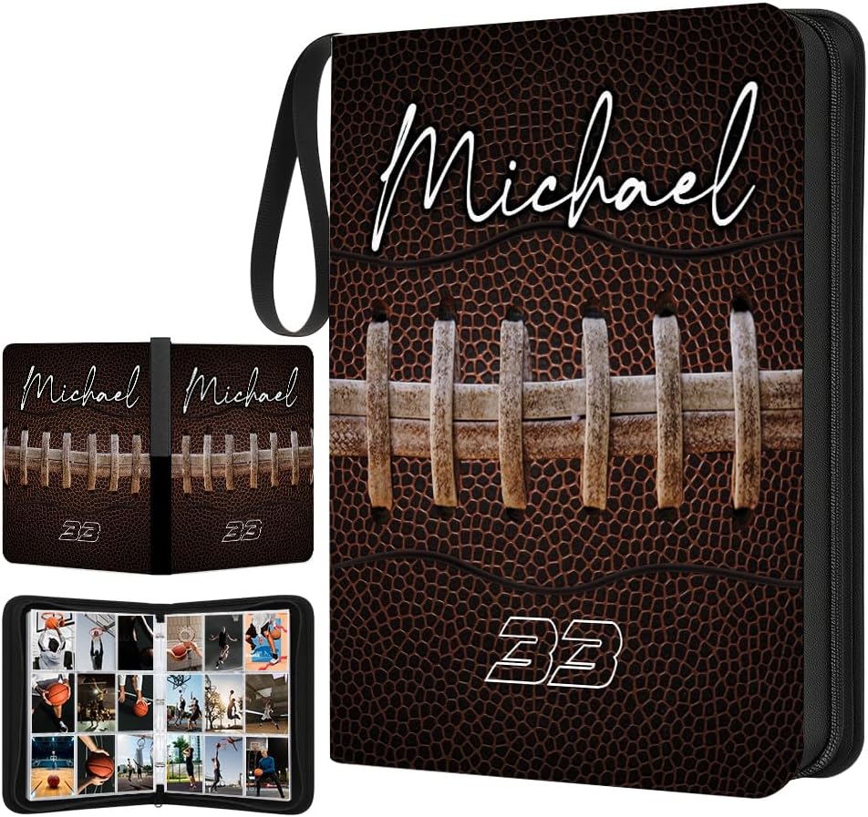 Personalized Football Card Binder Album with Name & Number Sports Trading Card Holder Organizer, Collectible Storage Book for Football Fans (Football Helmet on Fire)