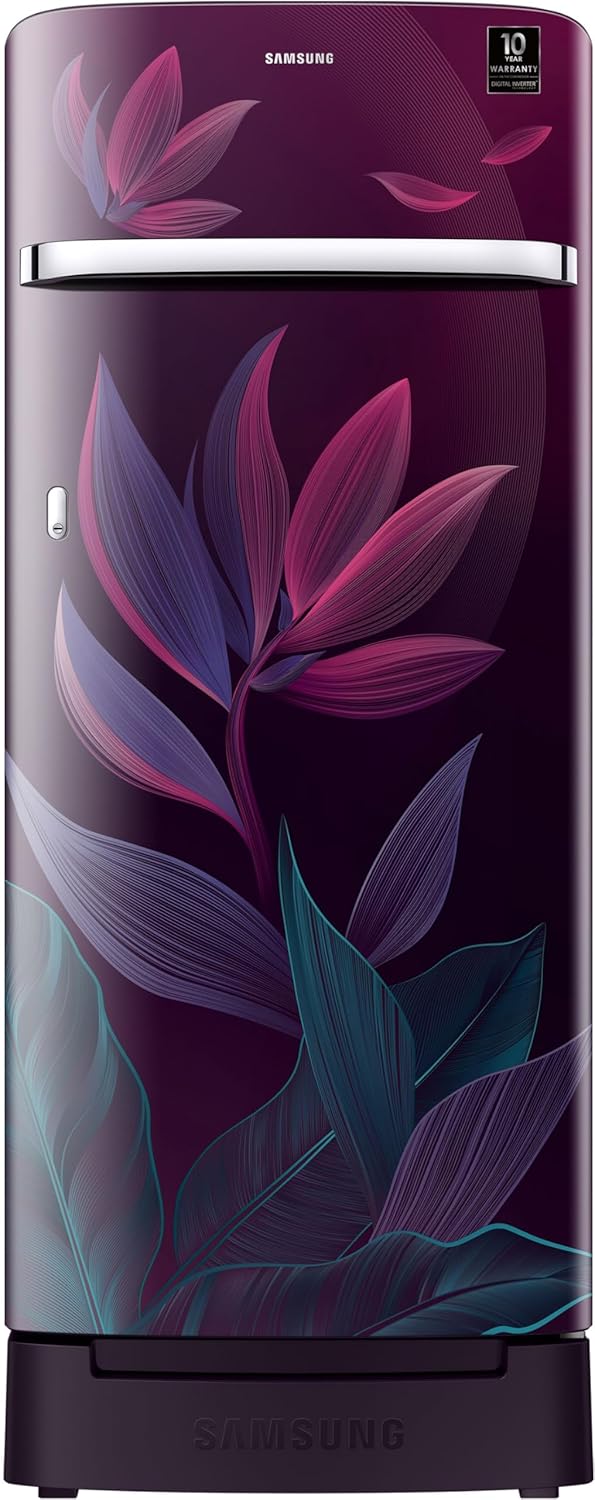 Samsung 215L, 5 Star, Digital Inverter, Direct-Cool Single Door Refrigerator (RR23D2H259R/HL, Red, Paradise Bloom Purple, Base Stand Drawer) Samsung 215L, 5 Star, Digital Inverter, Direct-Cool Single Door Refrigerator (RR23D2H259R/HL, Red, Paradise Bloom Purple, Base Stand Drawer)