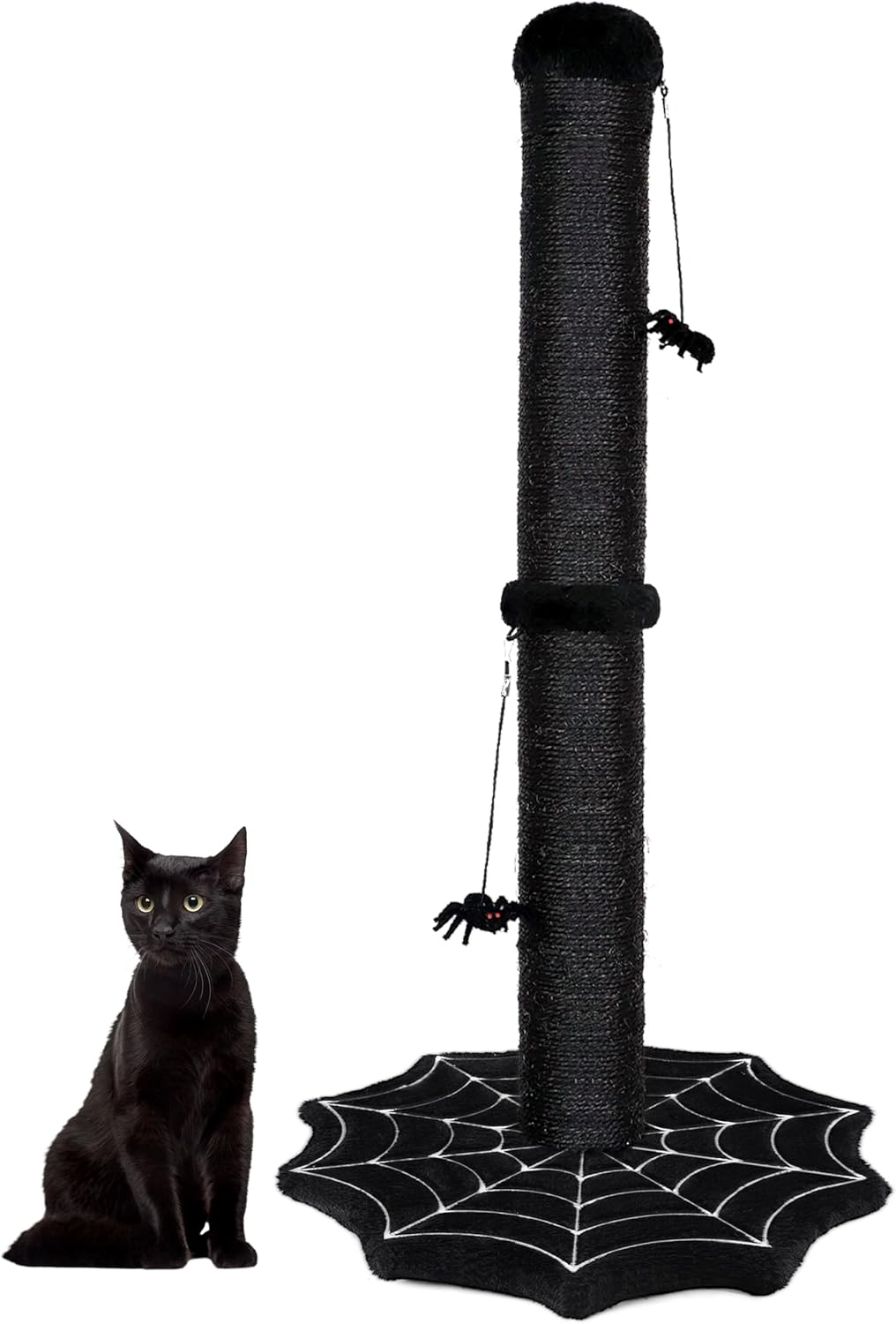 Gothic Cat Scratching Post with Spider Dangling Toys for Indoor Cats, Halloween Spooky Cat Scratcher,Activity Cat Play Center Goth Cat Tree Tower Furniture with Cobweb Base,Black