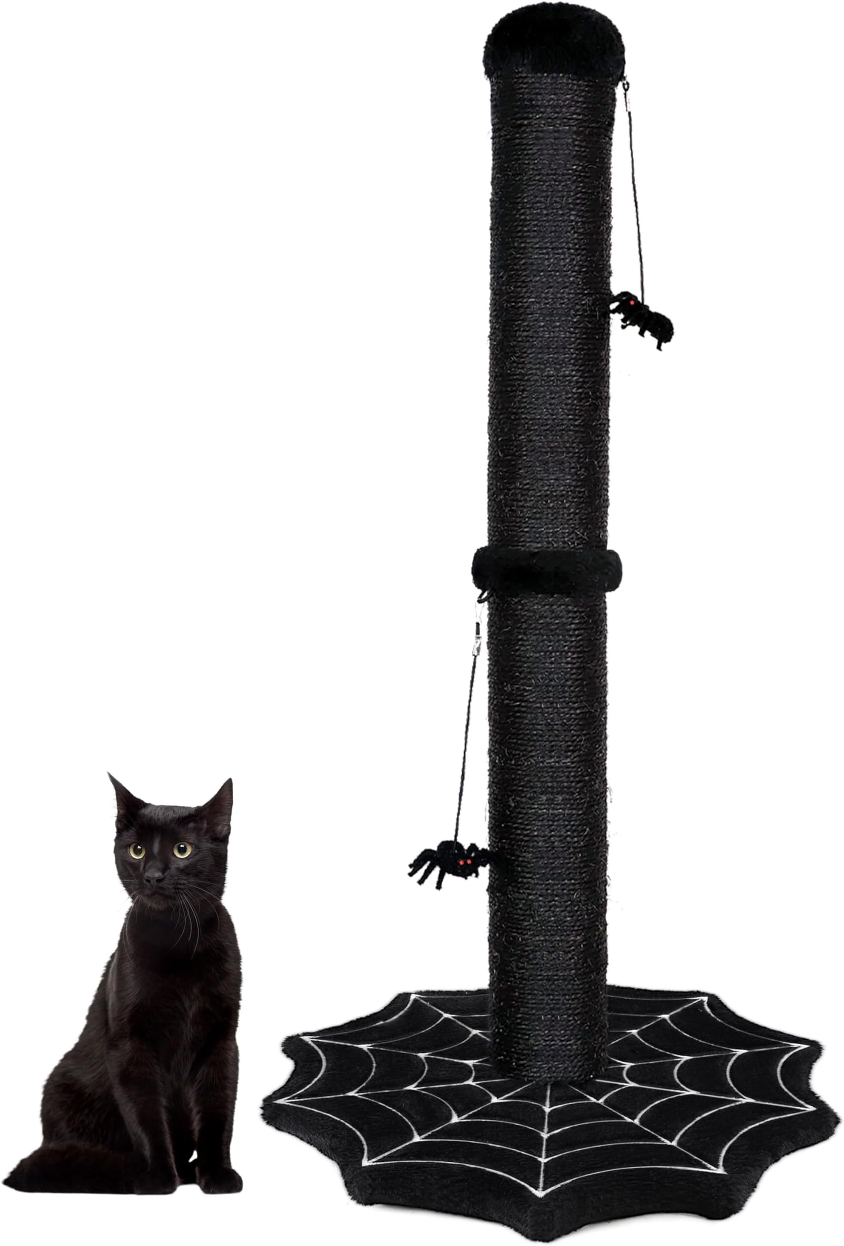 Gothic Cat Scratching Post with Spider Dangling Toys for Indoor Cats, Halloween Spooky Cat Scratcher,Activity Cat Play Center Cat Tree Tower Furniture with Cobweb Base,Black