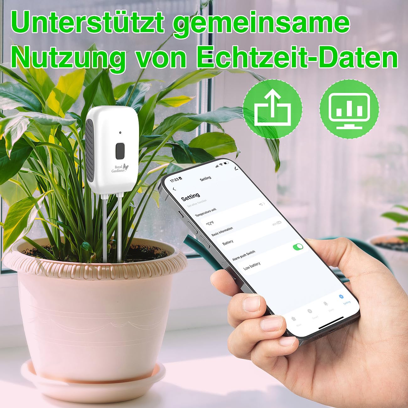 Royal Gardineer Bodenfeuchtigkeitssensor: 4er-Set Boden-Feuchtigkeits-&Temperatur-Sensoren mit WLAN-Gateway, App (Boden Feuchtigkeitsmesser WLAN, Bodentemperatur Sensor, Thermo)
