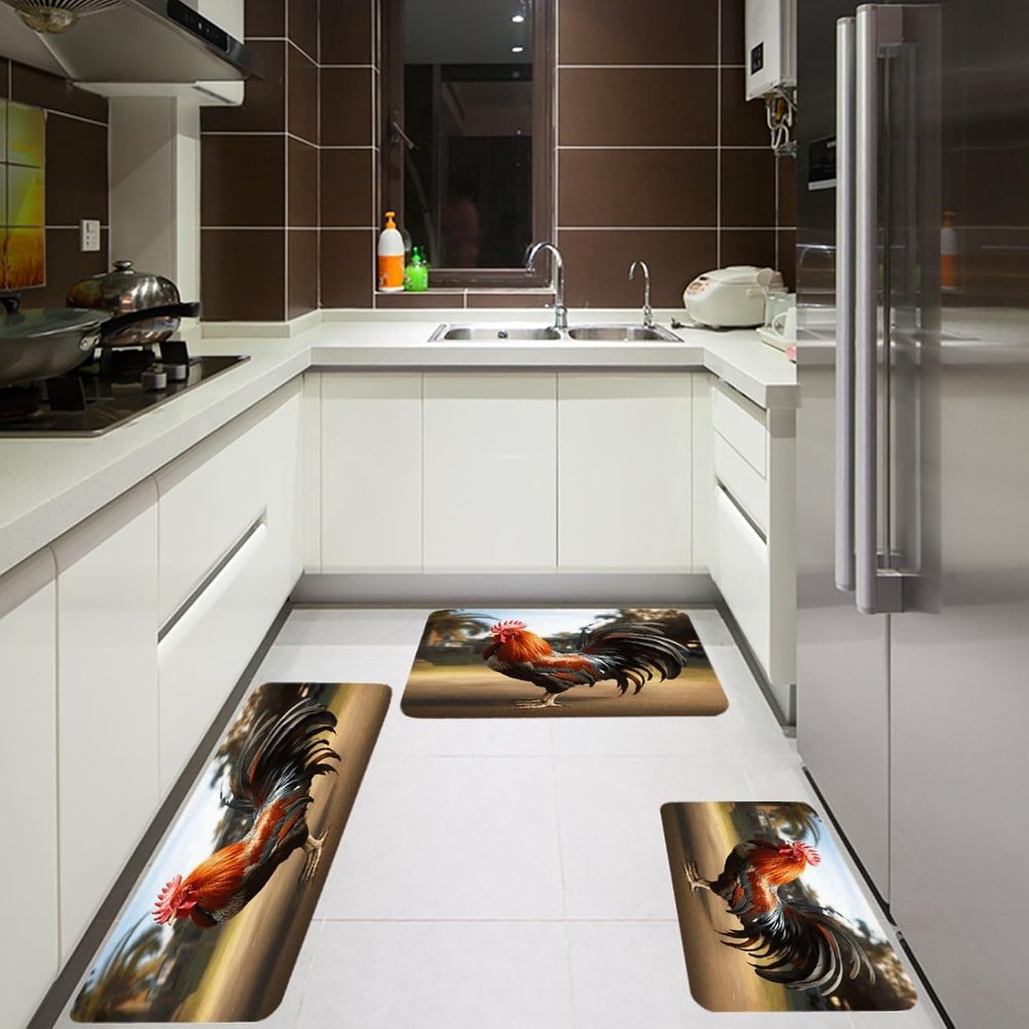 Proud Rooster Kitchen Rugs Sets of 3 Non Slip Kitchen Mats for Floor Farmhouse Kitchen Sink Mat Thick Comfort Standing Mat for Laundry Room Hallway Bathroom