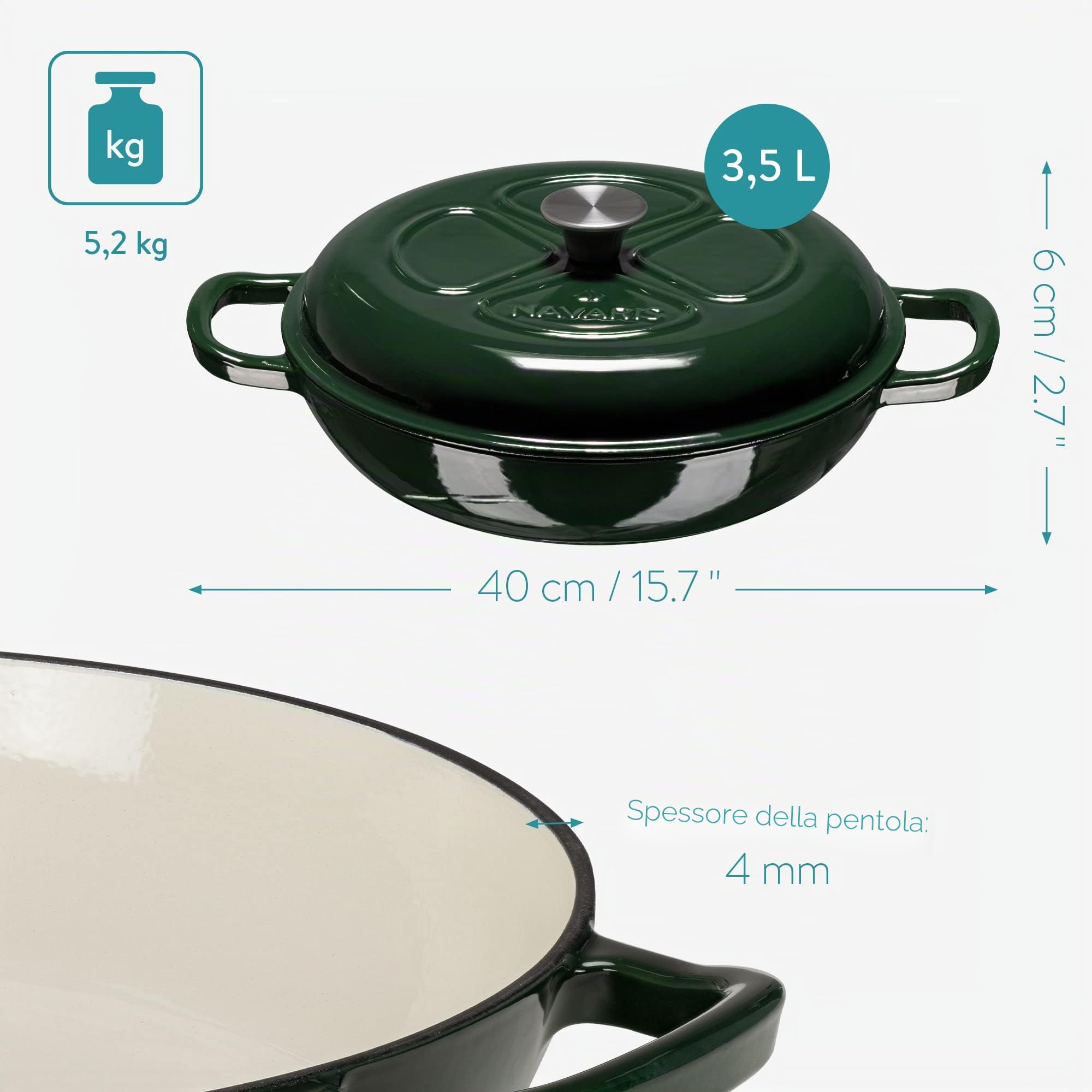 Navaris Pentola Ghisa Smaltata - Casseruola Forno Legna 3,5 L - Pirofila Coperchio - Cottura Fornelli Gas Induzione - Forma Tonda Bassa - Verde