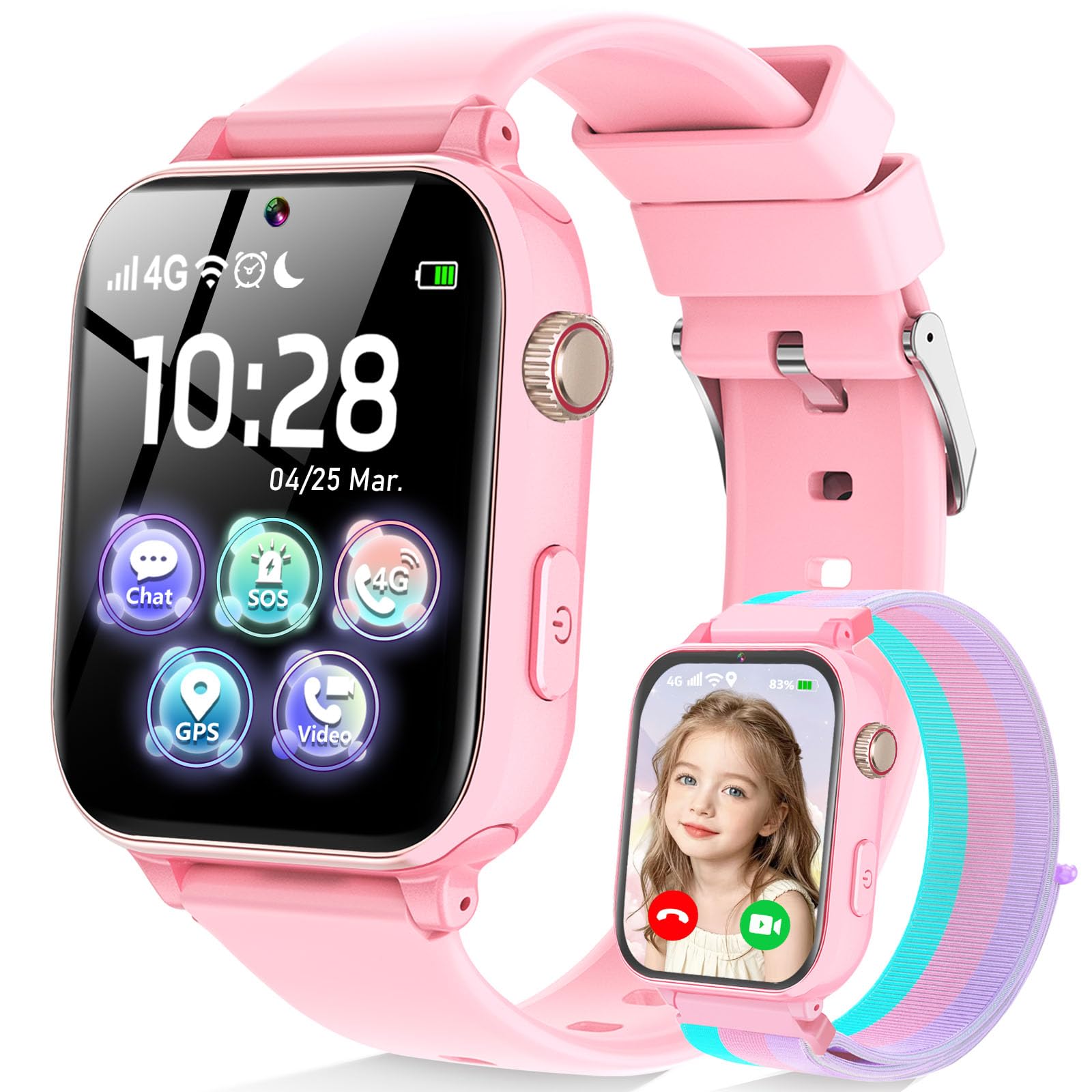 4G Smartwatch Kinder mit GPS und Telefon, Armbanduhr Junge Mädchen mit Video/Telefonanruf, SOS Notruf, Wecker, Schulmodus, Schrittzähler, Puzzlespiel, Kinderuhr für Geschenke 4-12 Jahren, Rosa