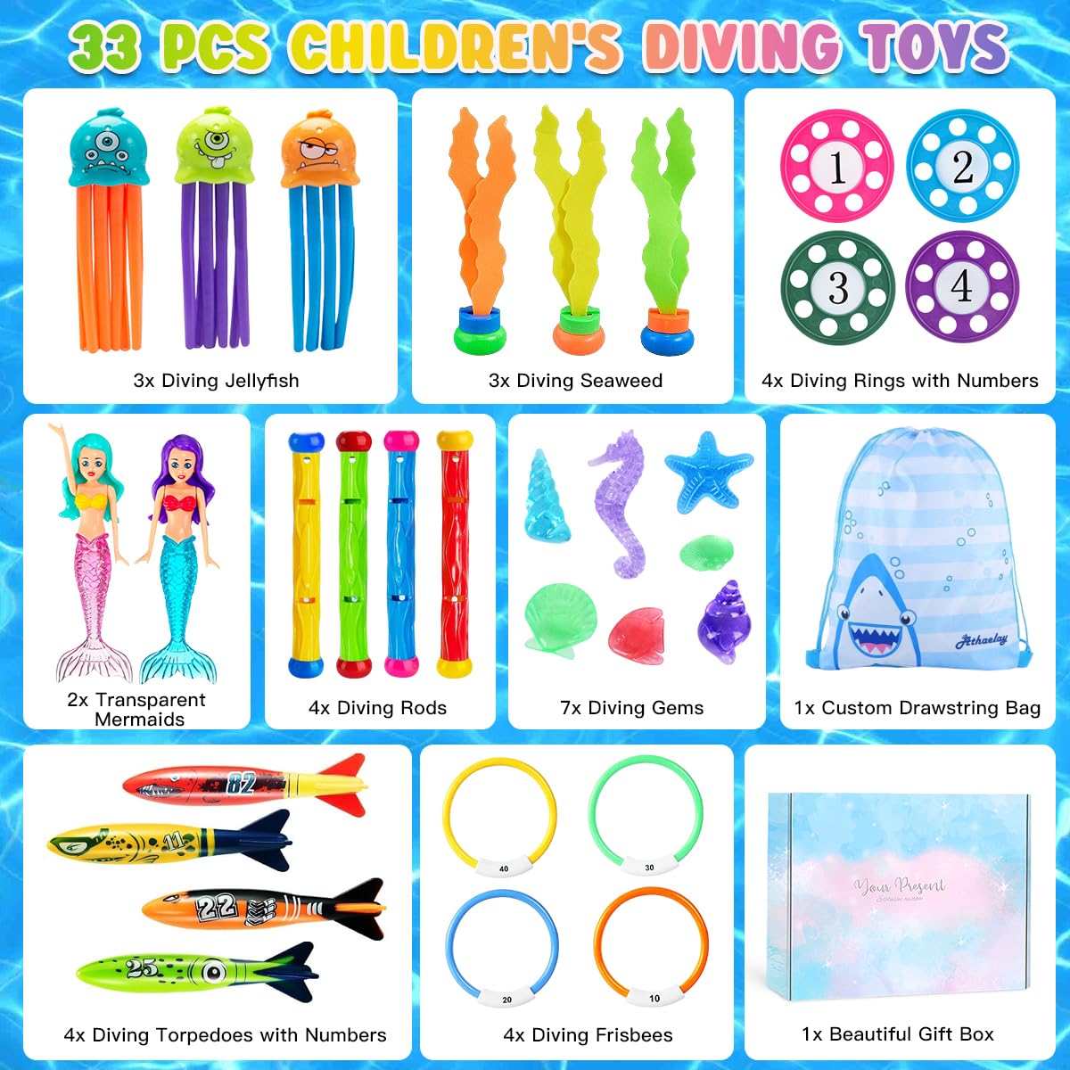 33 Pièces Jouets de Plongée, Jouet de Natation pour Piscine avec Coffret Cadeau, Jeux Piscine Enfant avec Sac de Rangement, Jouet sous Eau été avec Bâtons de Plongée