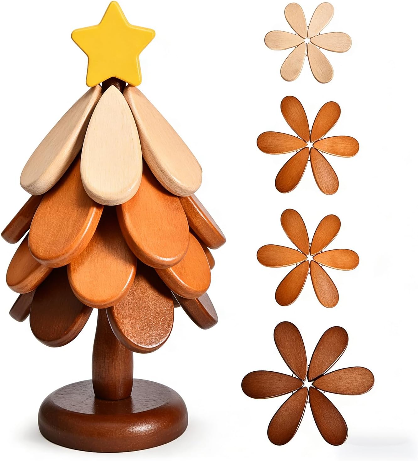 Wooden Trivets for Hot Dishes Tree Trivet with Star Topper, 4-Layer Wooden Hot Pad Set, Foldable Heat Resistant Mat for Pots, Festive Coaster & Rustic Holiday Table Decor