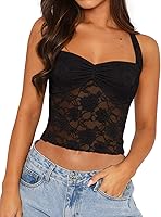 REORIA Women's Sexy Lace Halter Crop Top Tank - Y2K Trendy Going Out Top, Adjustable Straps, Breathable Lace XS-2XL