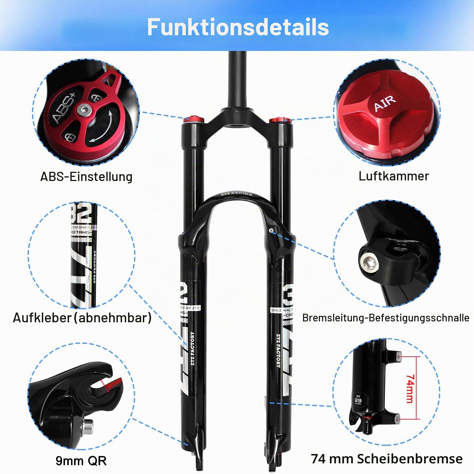 26/27,5/29 Zoll MTB-Doppel-Luftfedergabel, 1 1/8 gerader Rohrdurchmesser, 120 mm Federweg, Schnellspanner 9 mm × 100 mm, manuelle Sperre, leichte Vorderradgabel für XC/AM-Mountainbikes