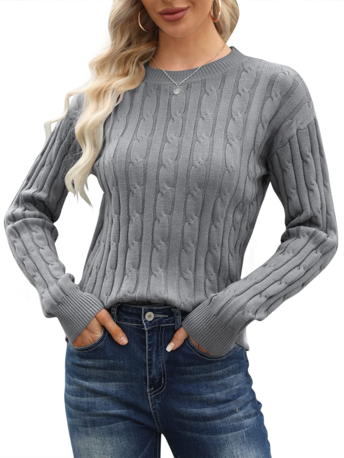 Runcati Pullover Damen Strickpullover Winter Rundhals Classic Fit Einfarbig Langarm Warm Casual Lose Sweater