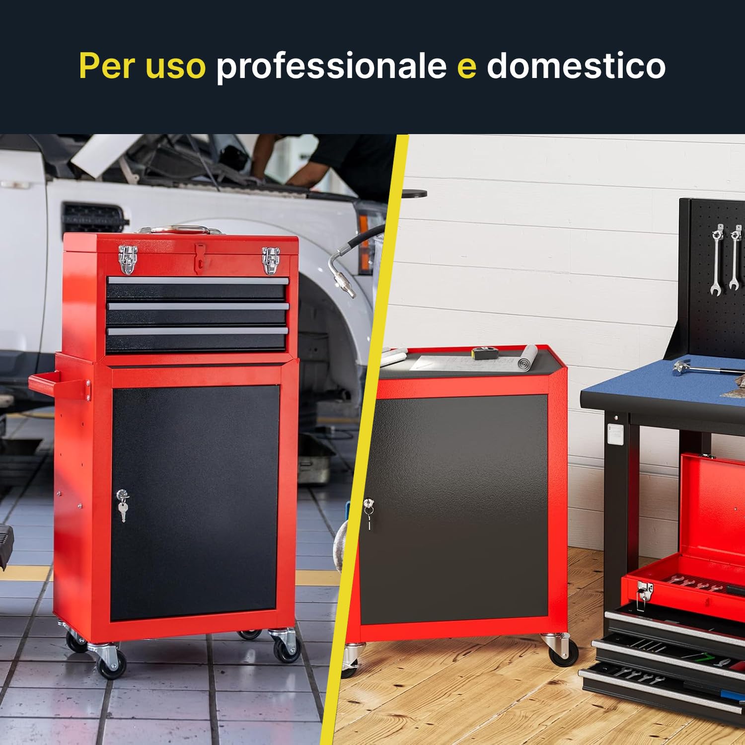DAIMANN - Carrello Porta Attrezzi Professionale con 3 Cassetti Scorrevoli e Armadietto con Serratura per Garage e Officina, Struttura in Metallo Verniciato Facile da Spostare (Rosso)