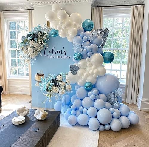 Miniatura 5 de ADOINBY - Kit de arco de globos azules y blancos, 140 piezas pastel azul claro y blanco, 18, 12, 10, 5 pulgadas, globos de diferentes tamaños para