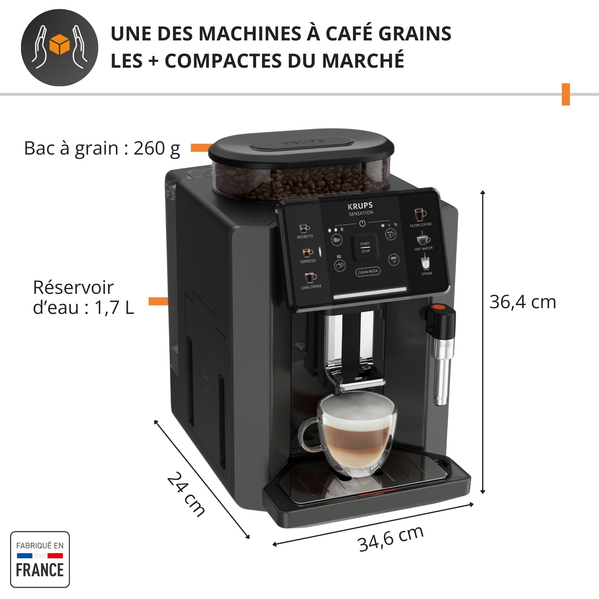 Krups Sensation C50, Machine à café grains, Expresso automatique, 5 boissons, Interface tactile, Facile à utiliser, Nettoyage automatique, Buse vapeur Cappuccino, EA910810