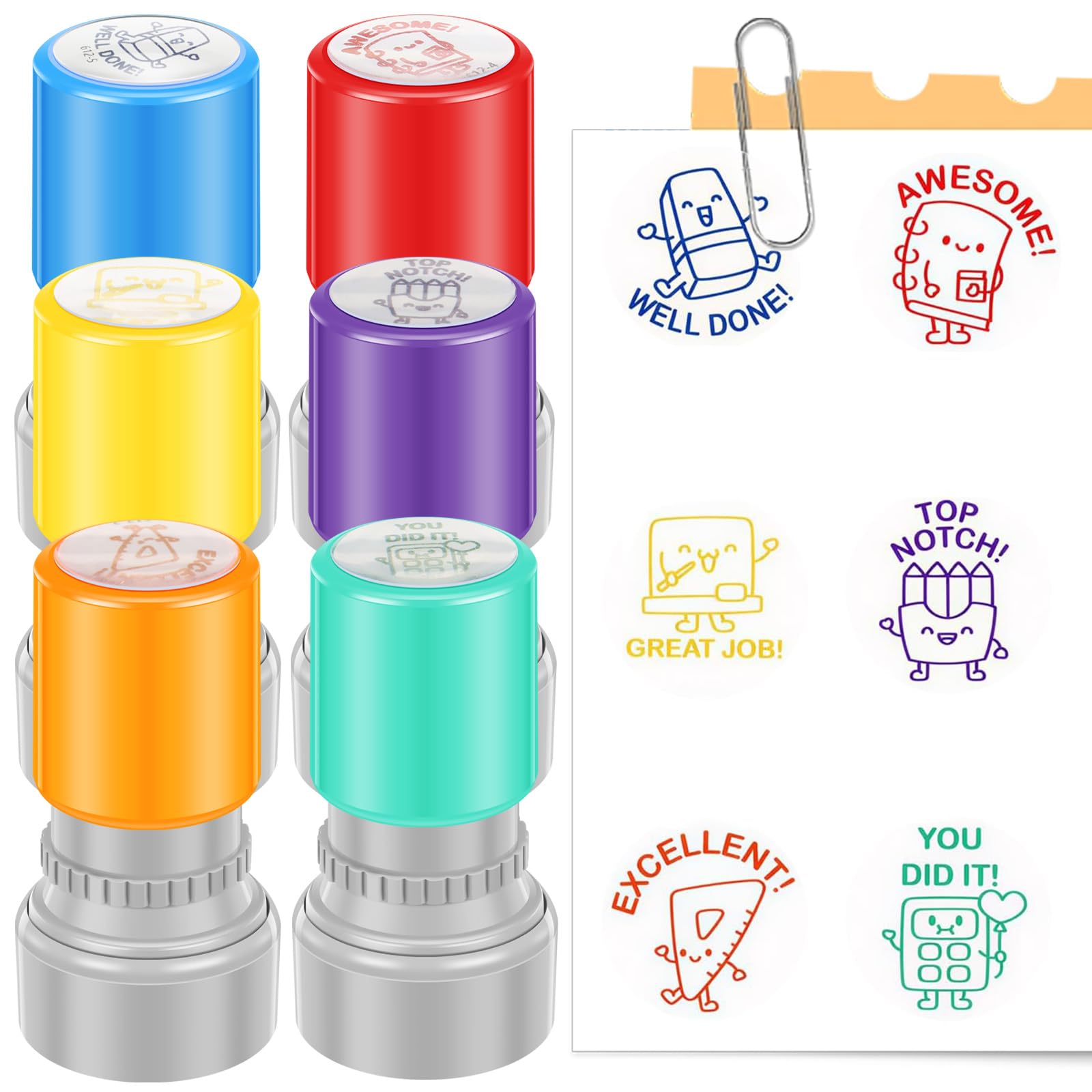 6 Pack Piece Teacher Stamps Colourful Self Inking Stamp Personalised Teacher Review Encouraging Stamp for Marking, School Reward Stamps Teachers Supplies Gifts(6 Pack)