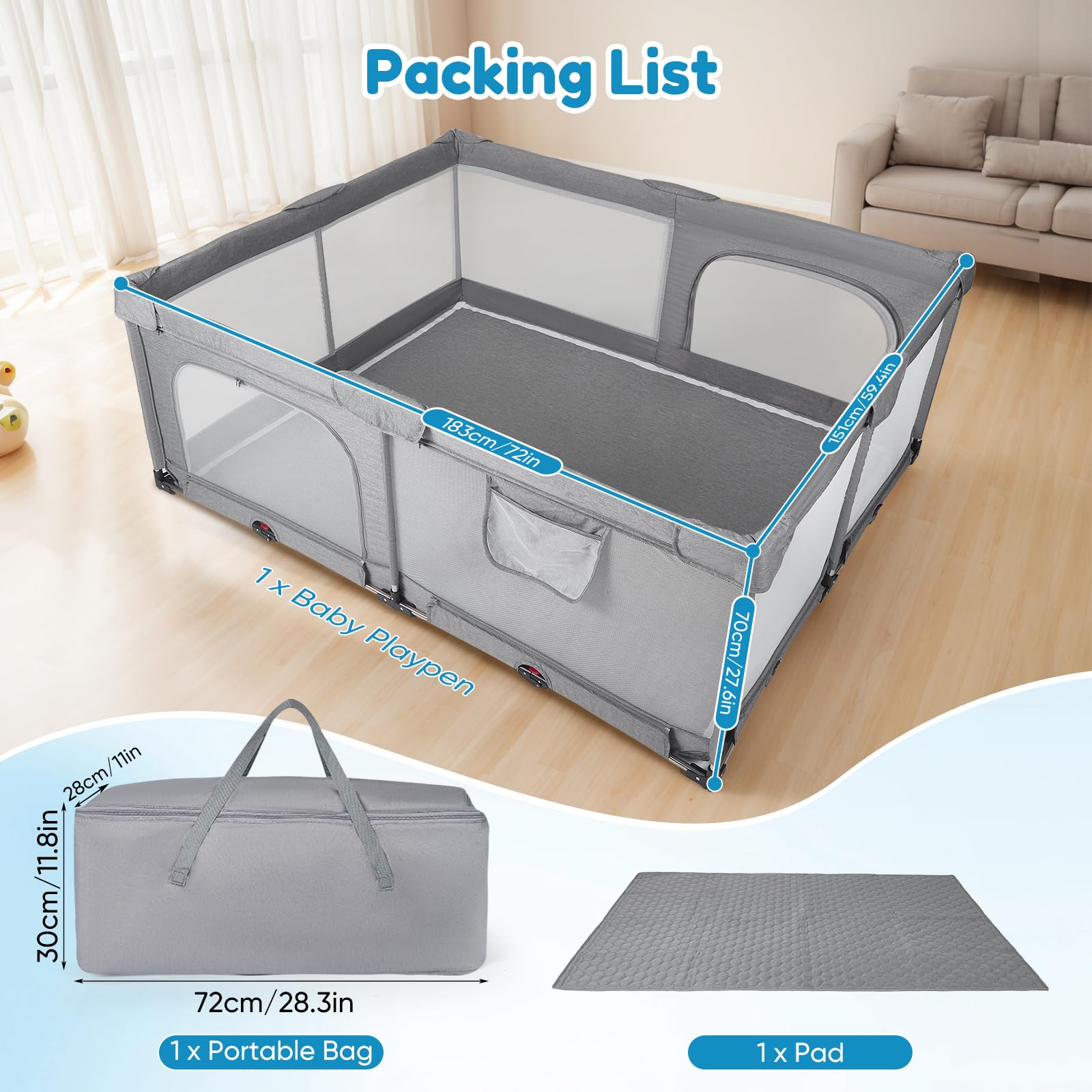 Faltbarer Laufstall Baby 180x150cm, 2 Seiteneingänge, Netz, weiche Kanten | Ohne Montage Nutzbar,Indoor & Outdoor Laufgitter & -Ställe mit Atmungsaktivem Netz & Pull-up Rings