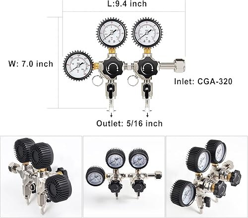Miniatura 2 de FERRODAY Regulador de CO2 de dos sistemas, cuerpo de latón resistente, válvula de bola, cubierta de silicona, medidores individuales para presión de