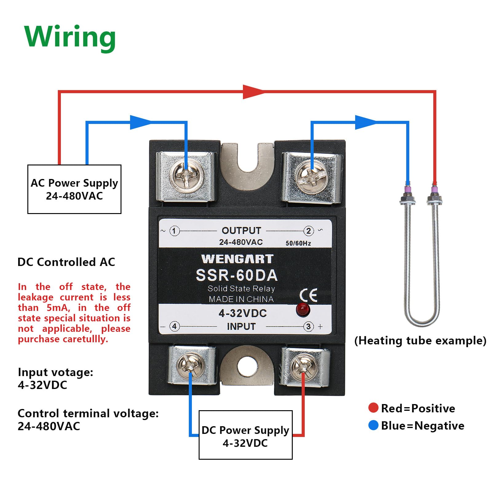 Wengart Relais Statique SSR-60DA - Entrée DC 3-32V Sortie AC 24-480V 60A - Commutation Monophasée Silencieuse - Idéal pour Four, Résistance Chauffante et Impression 3D - Dissipateur Requis