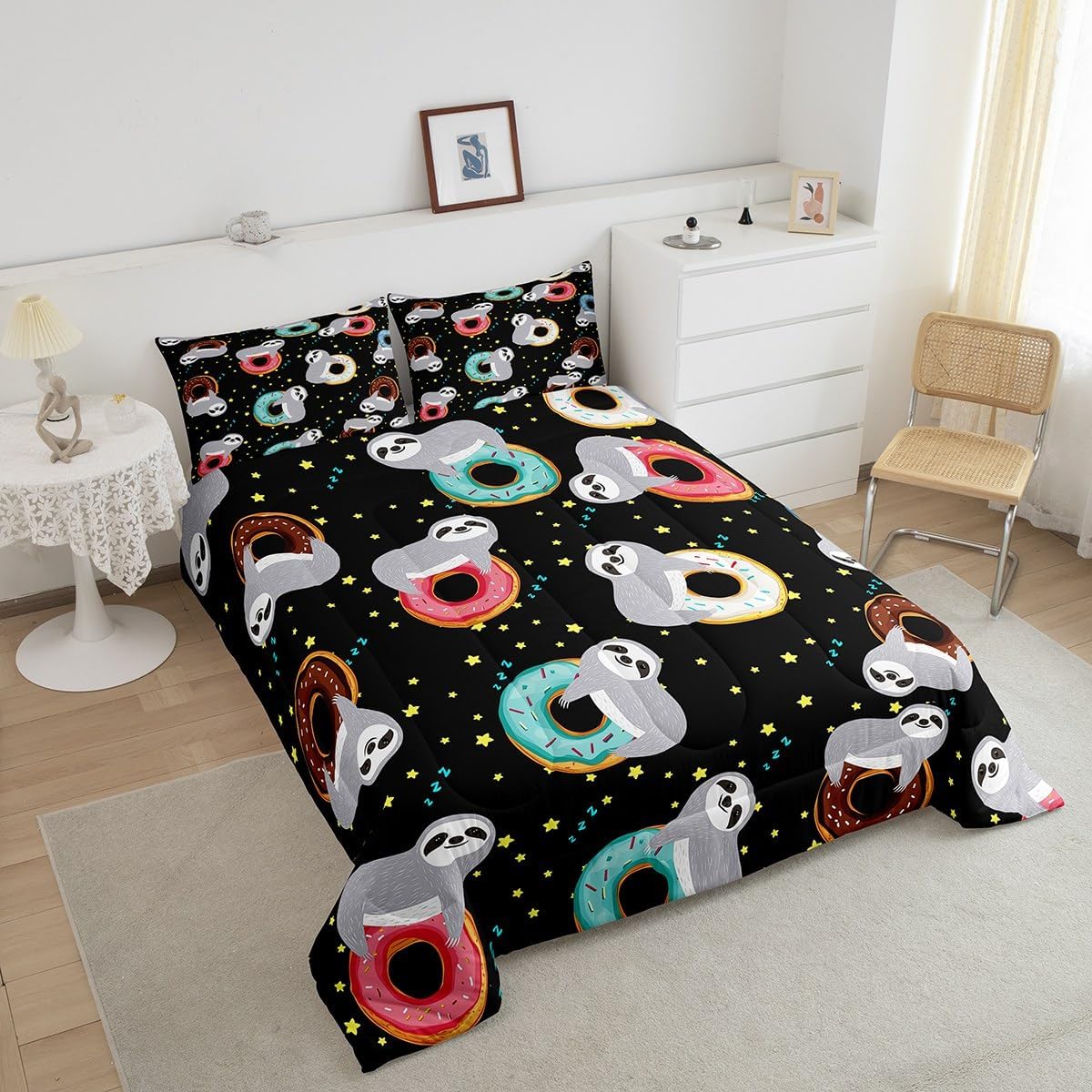 Cartoon Sloth Bedding Set for Kids Boys Girls,Sprinkles Donut Printed Comforter Set with Glitter Stars,Sweet Dessert Food Duvet Insert All Season Soft,Funny Sloth Microfiber Down Comforter Twin 2pcs